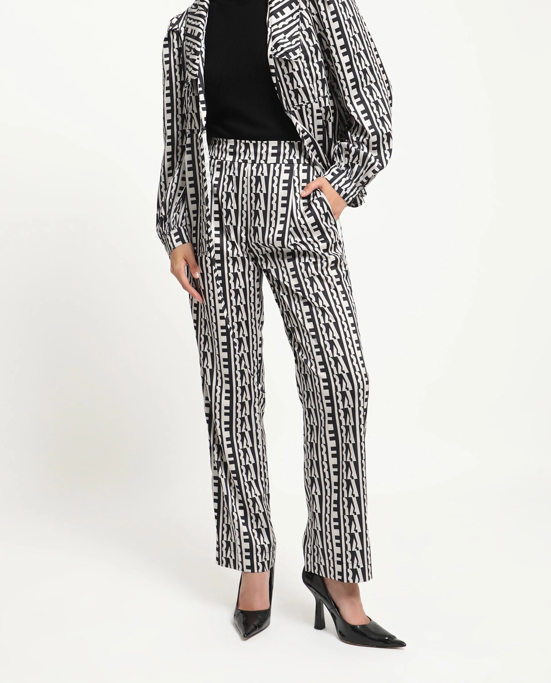Rareism Women's Atantit Black Polyester Geometric Print Ankle Length Tailored Trouser - Image 13