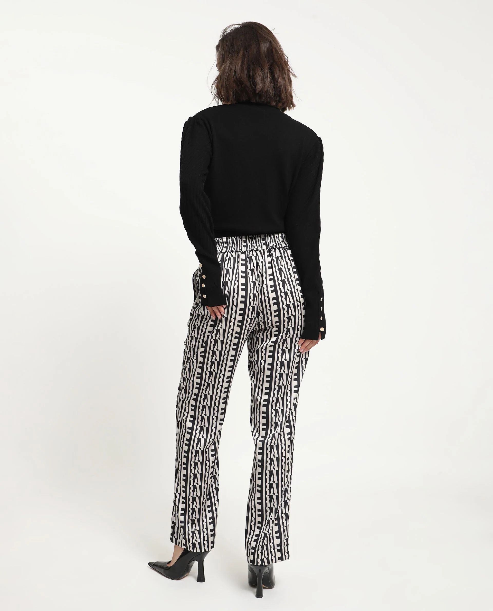 Rareism Women's Atantit Black Polyester Geometric Print Ankle Length Tailored Trouser - Image 14