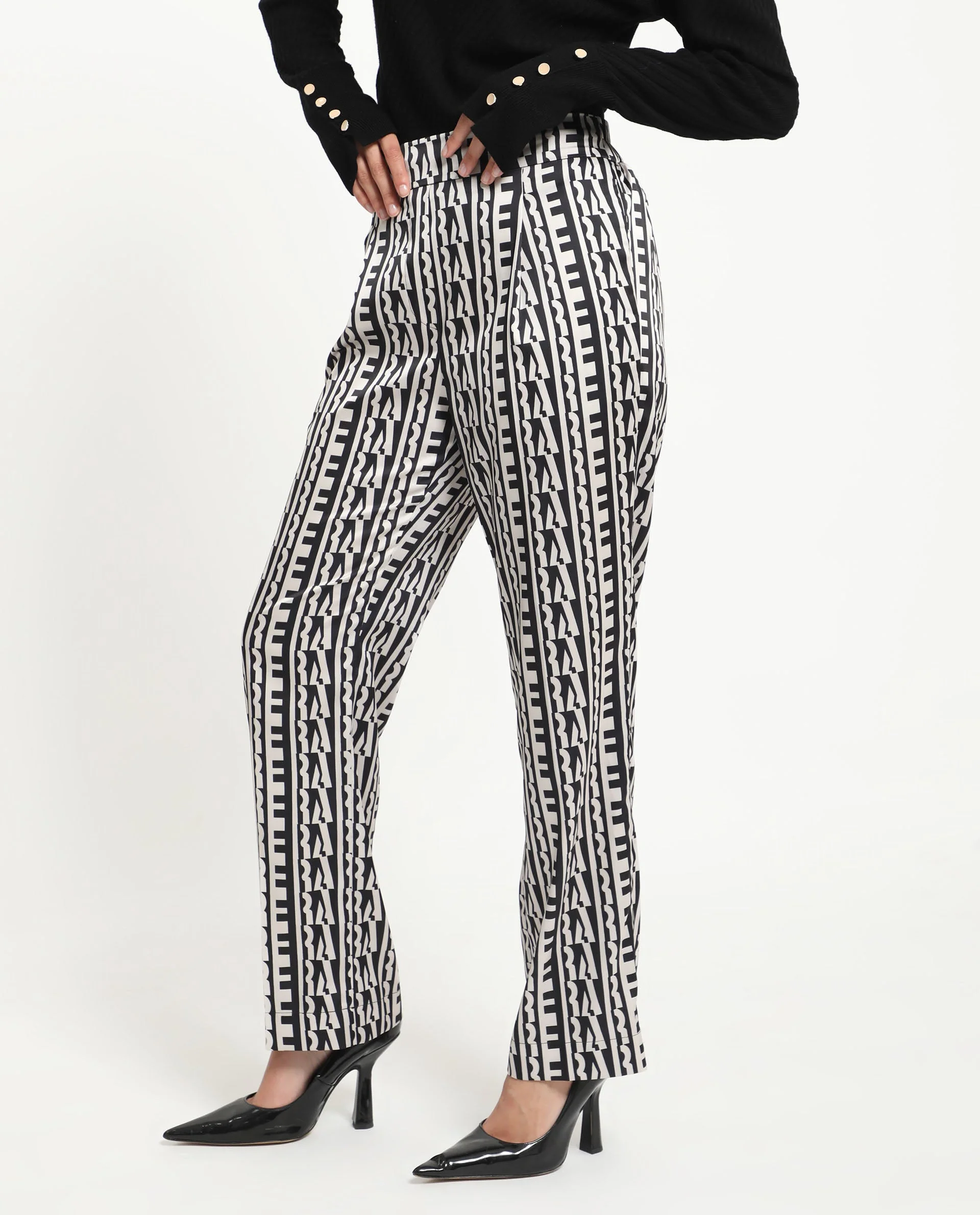 Rareism Women's Atantit Black Polyester Geometric Print Ankle Length Tailored Trouser - Image 15