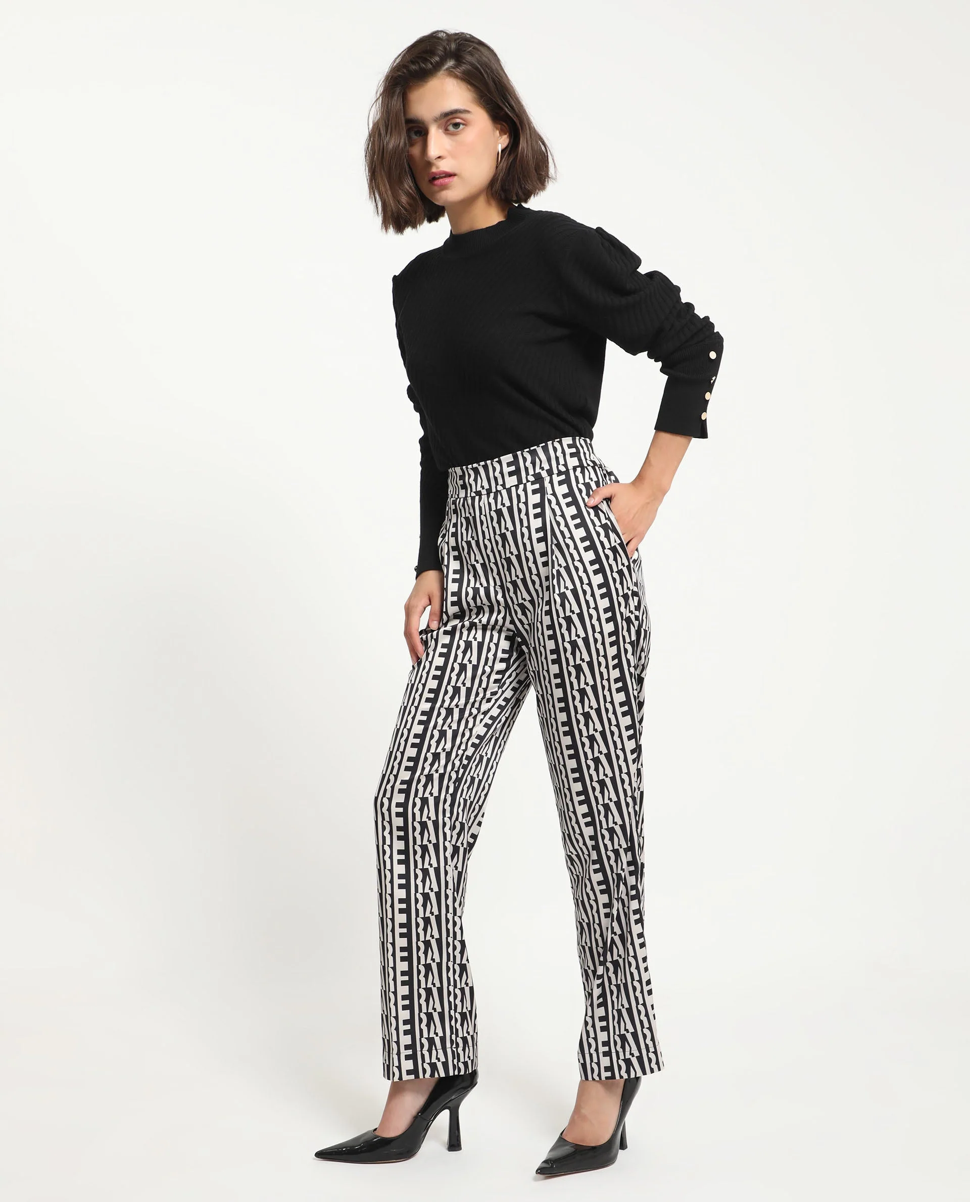 Rareism Women's Atantit Black Polyester Geometric Print Ankle Length Tailored Trouser - Image 3