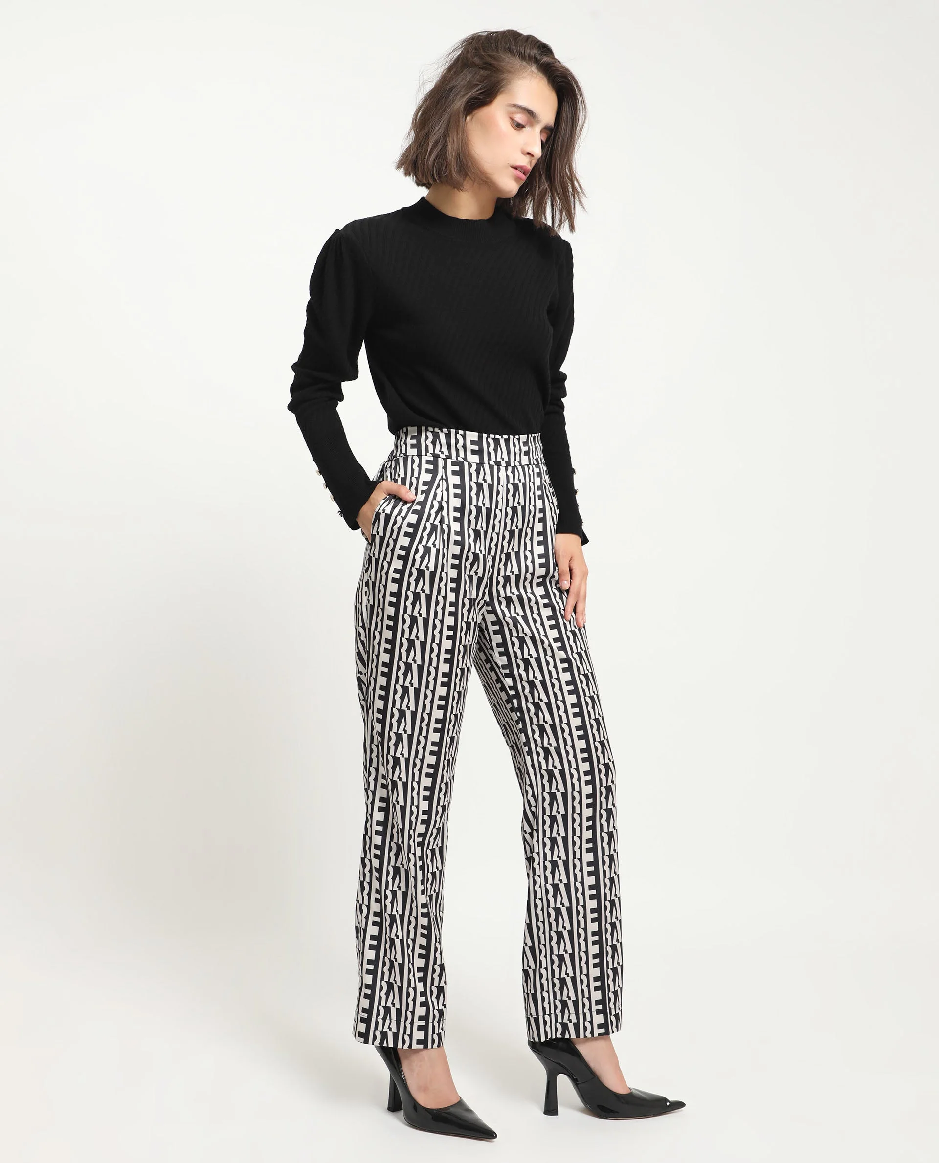 Rareism Women's Atantit Black Polyester Geometric Print Ankle Length Tailored Trouser - Image 5