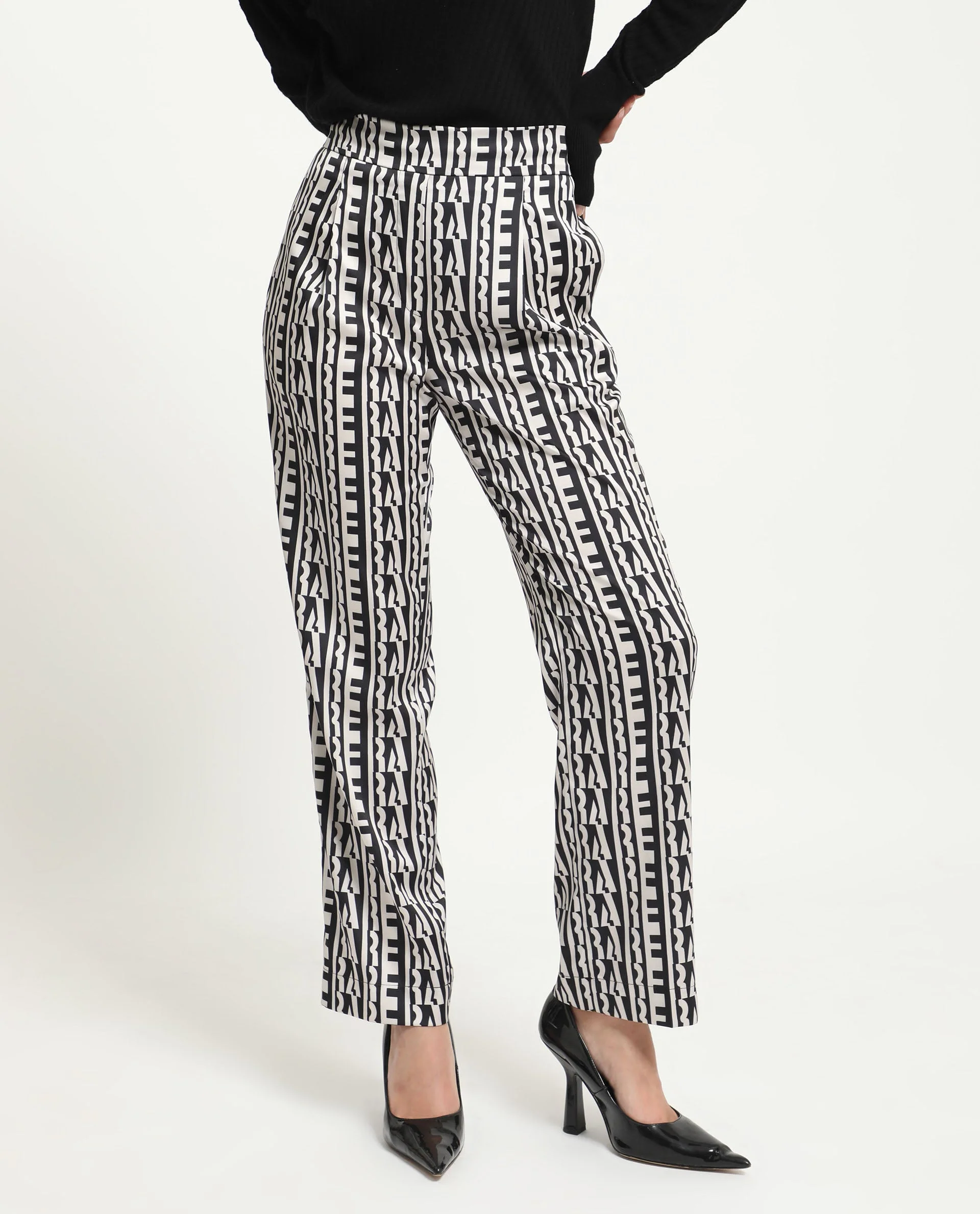 Rareism Women's Atantit Black Polyester Geometric Print Ankle Length Tailored Trouser - Image 7