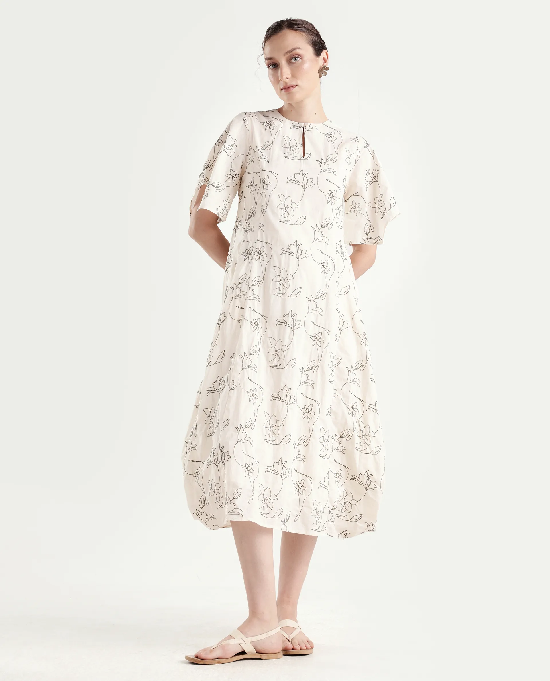 Rareism Women's Ater Beige Cotton Half Sleeve A-Line Plain Dress - Image 2