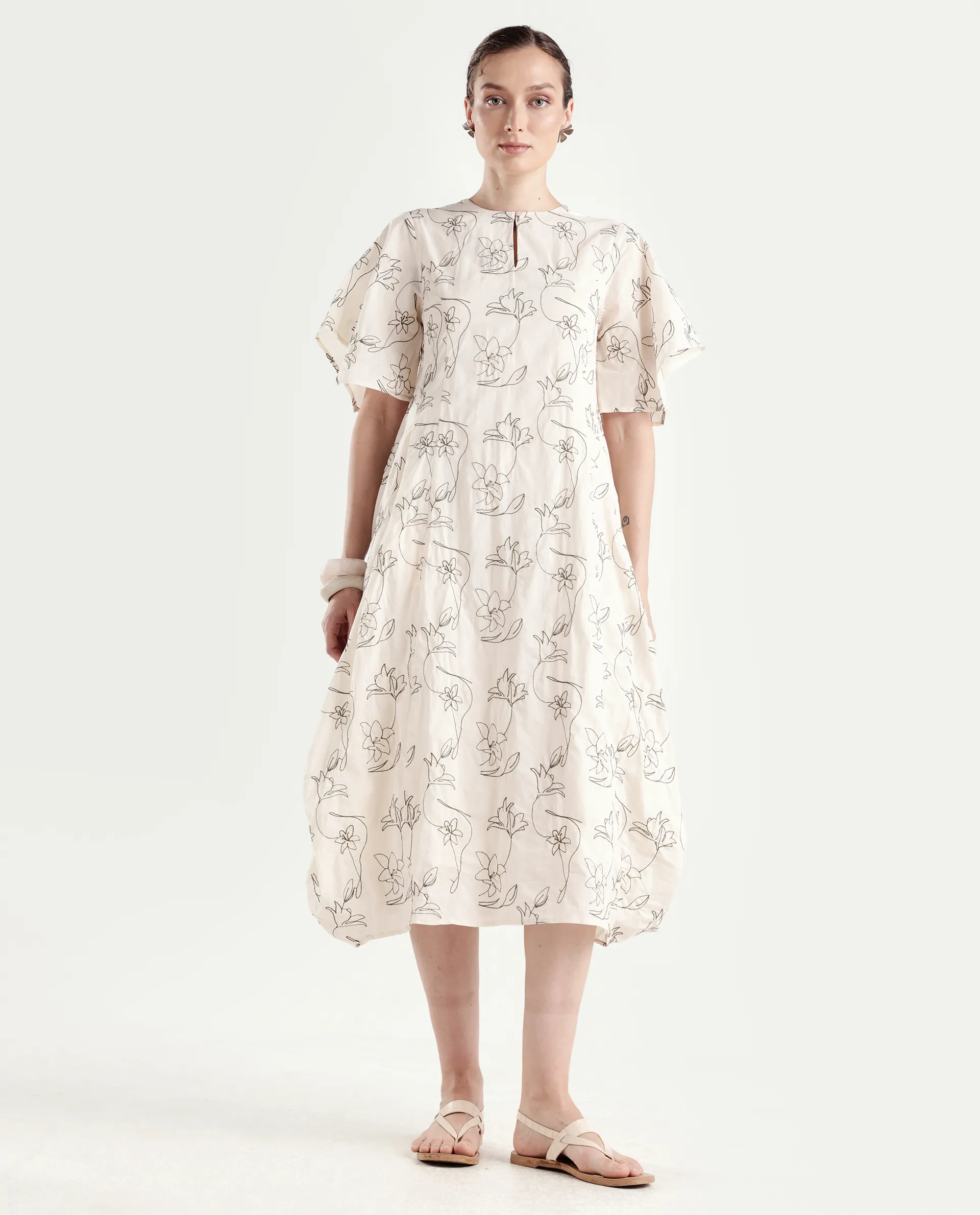 Rareism Women's Ater Beige Cotton Half Sleeve A-Line Plain Dress - Image 4
