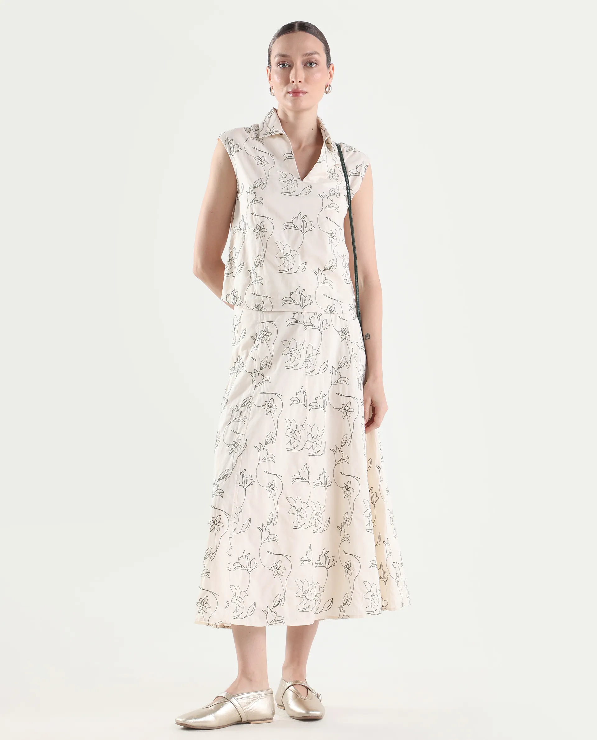 Rareism Women's Ateri-B Beige Cotton A-Line Embroidered Skirt - Image 2