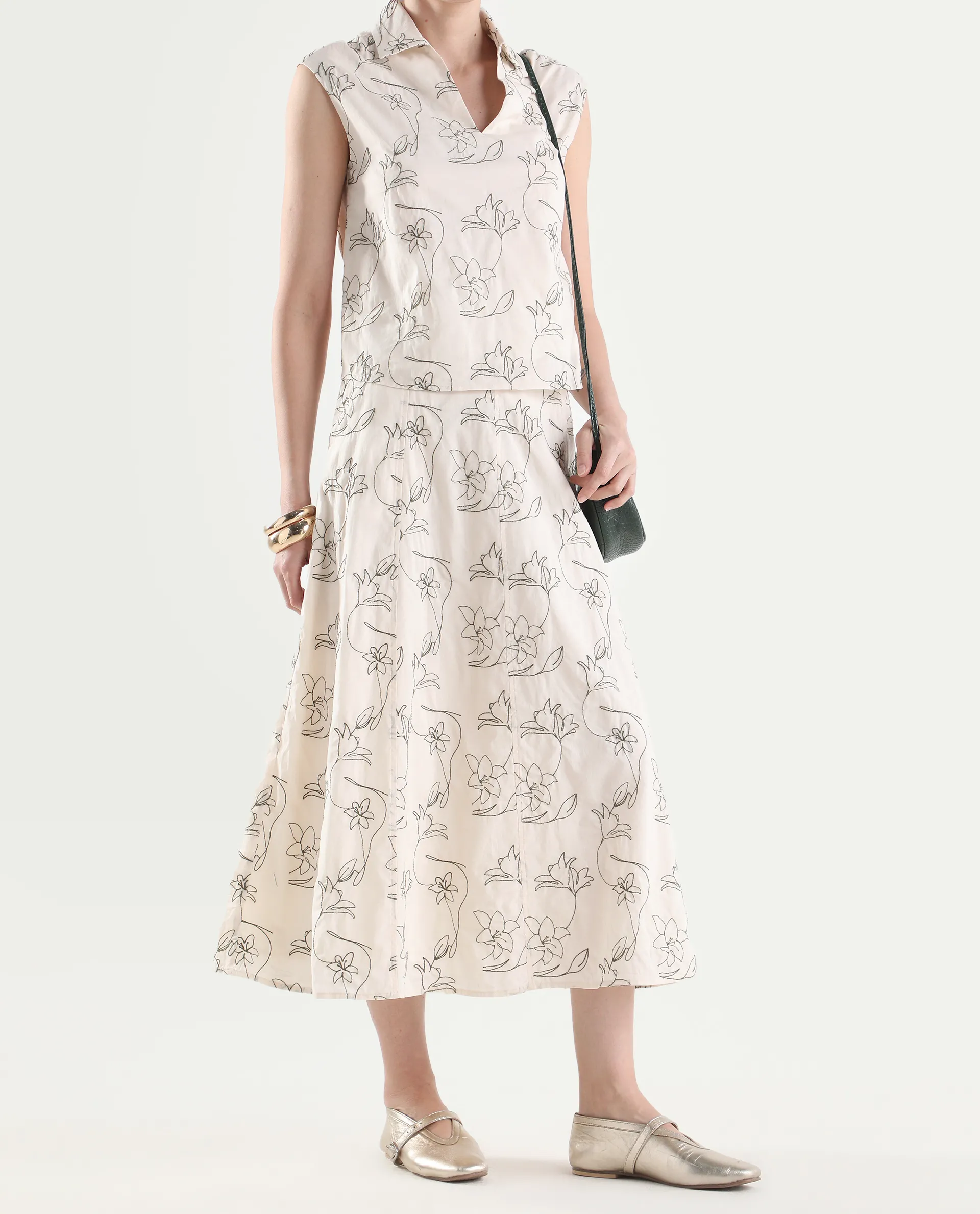 Rareism Women's Ateri-B Beige Cotton A-Line Embroidered Skirt - Image 3