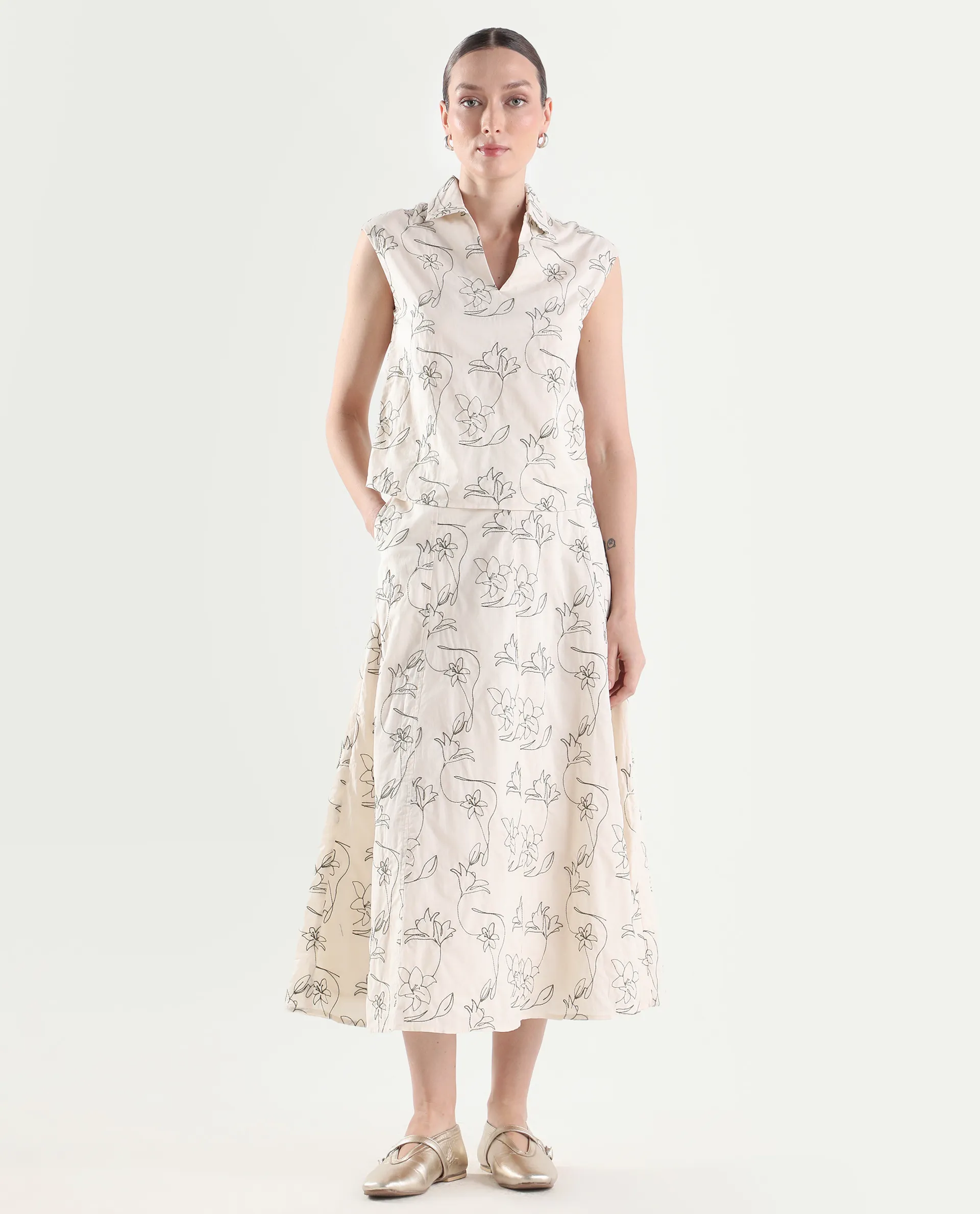 Rareism Women's Ateri-B Beige Cotton A-Line Embroidered Skirt - Image 4