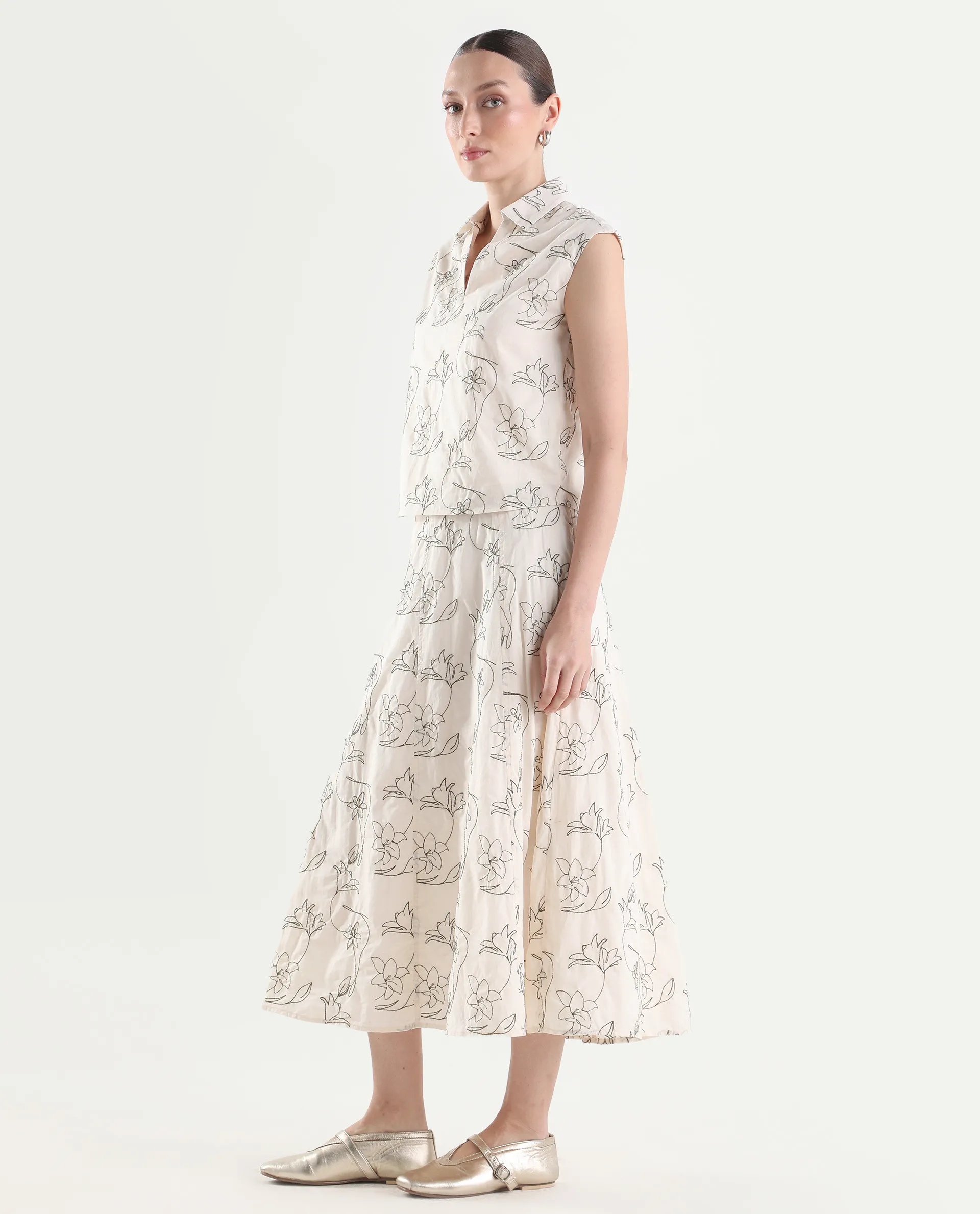 Rareism Women's Ateri-B Beige Cotton A-Line Embroidered Skirt - Image 6