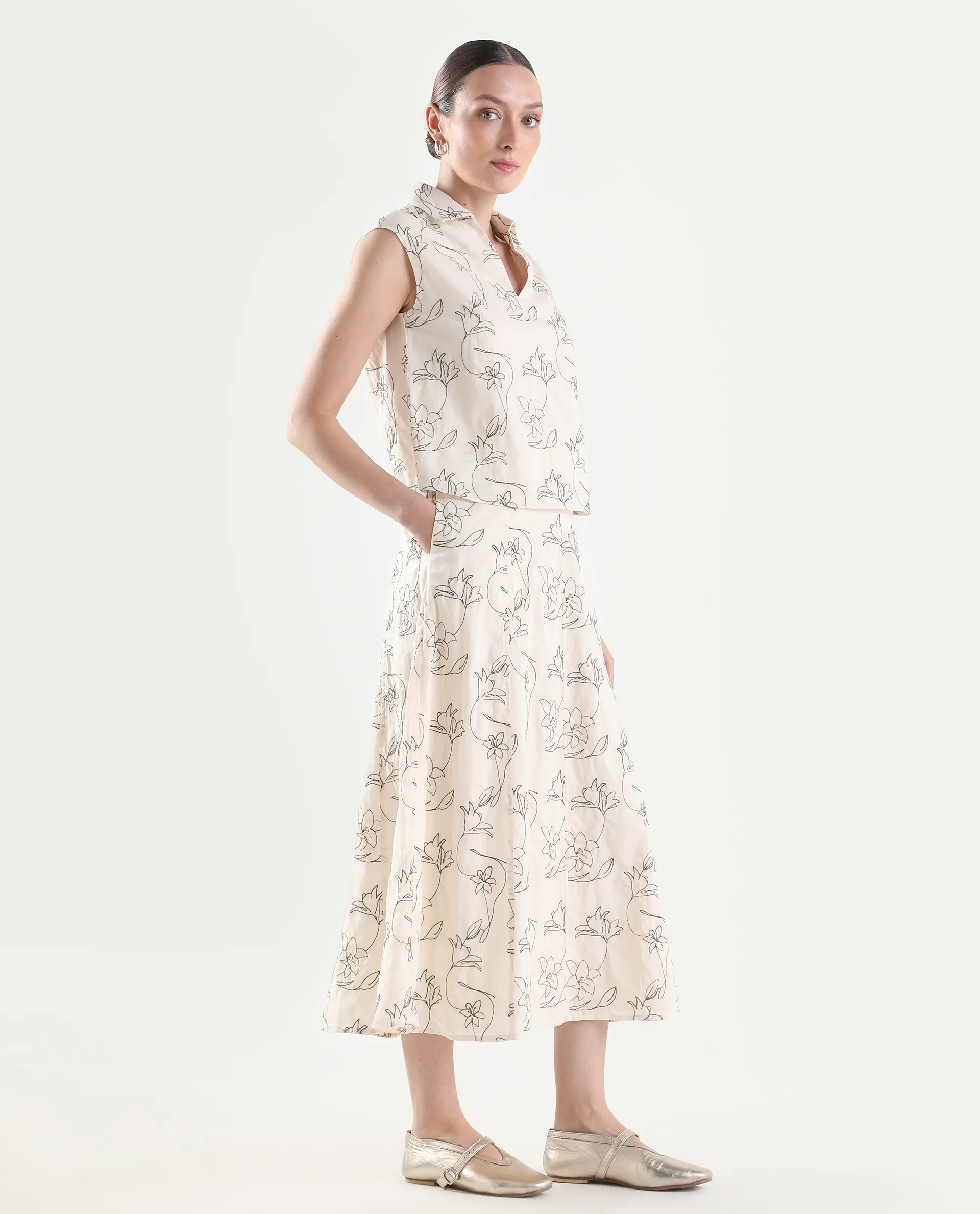 Rareism Women's Ateri-B Beige Cotton A-Line Embroidered Skirt - Image 7