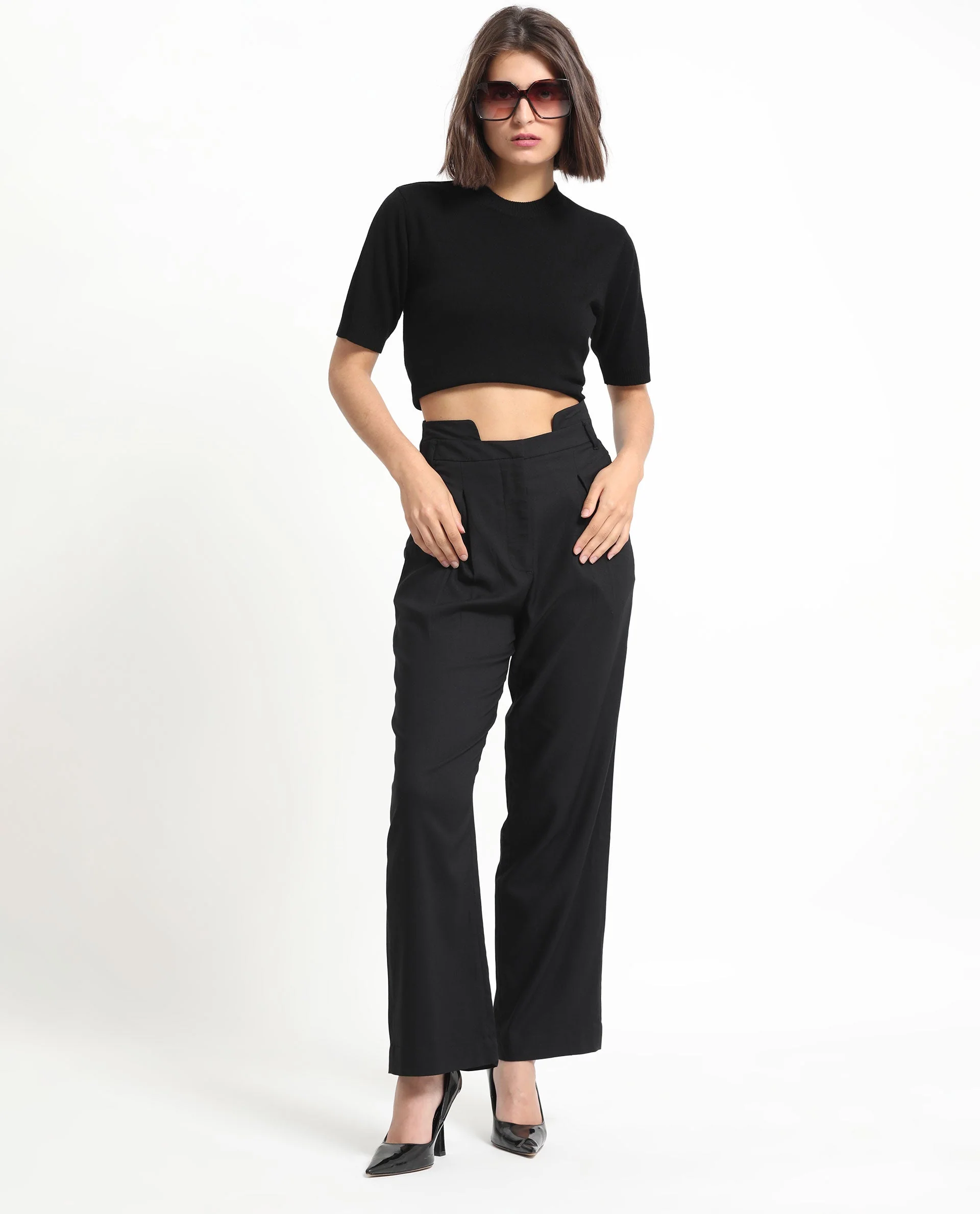 Rareism Women's Atgan Black Polyester Plain Ankle Length Tailored Trouser