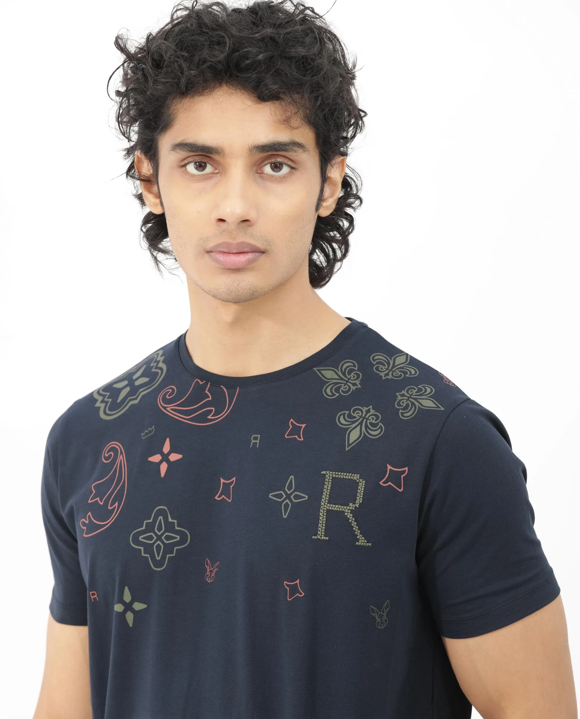 Rare Rabbit Men's Athens Navy Cotton Blend Graphic Print Regular Fit Half Sleeve Crew Neck T-Shirt - Image 2