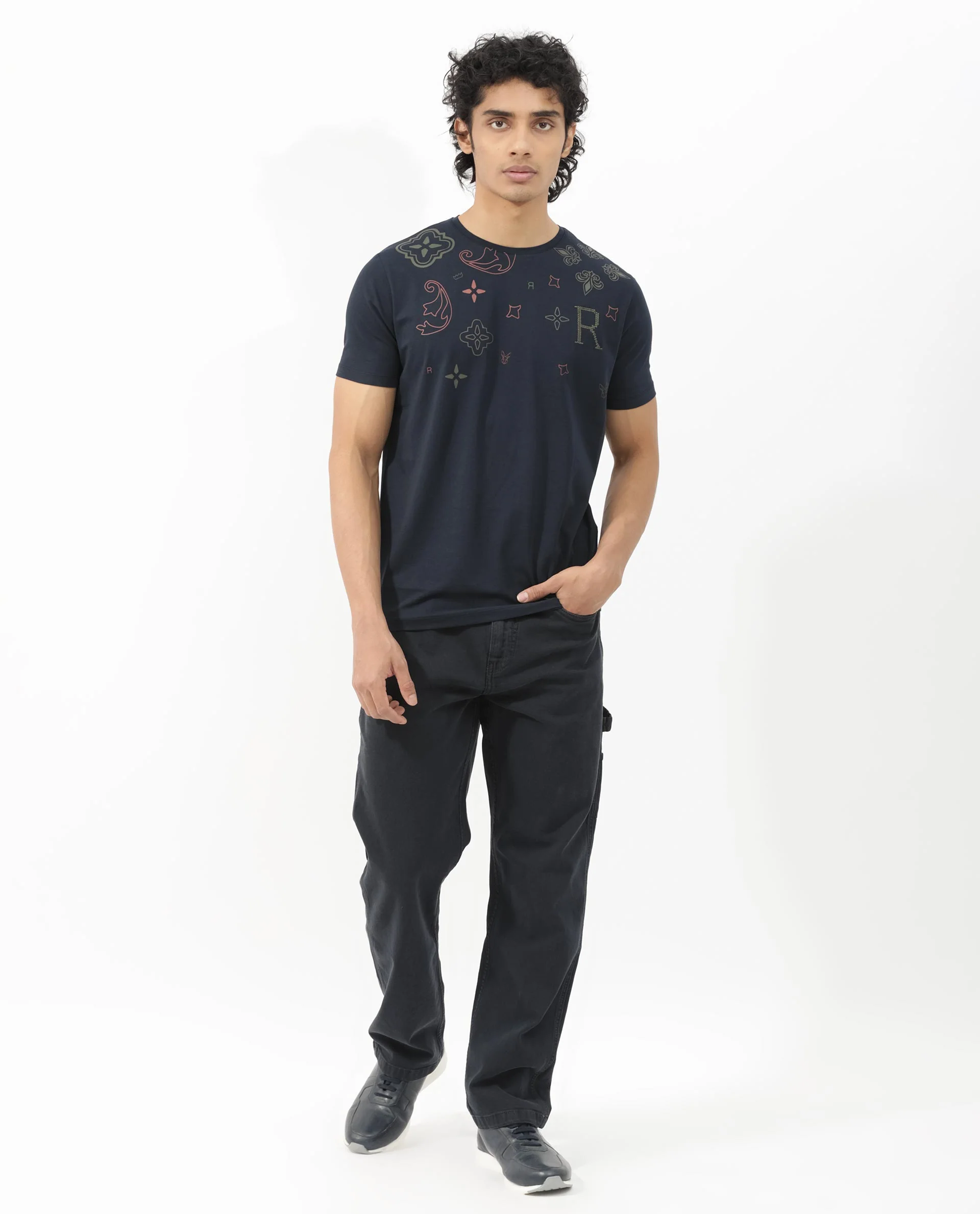 Rare Rabbit Men's Athens Navy Cotton Blend Graphic Print Regular Fit Half Sleeve Crew Neck T-Shirt - Image 3