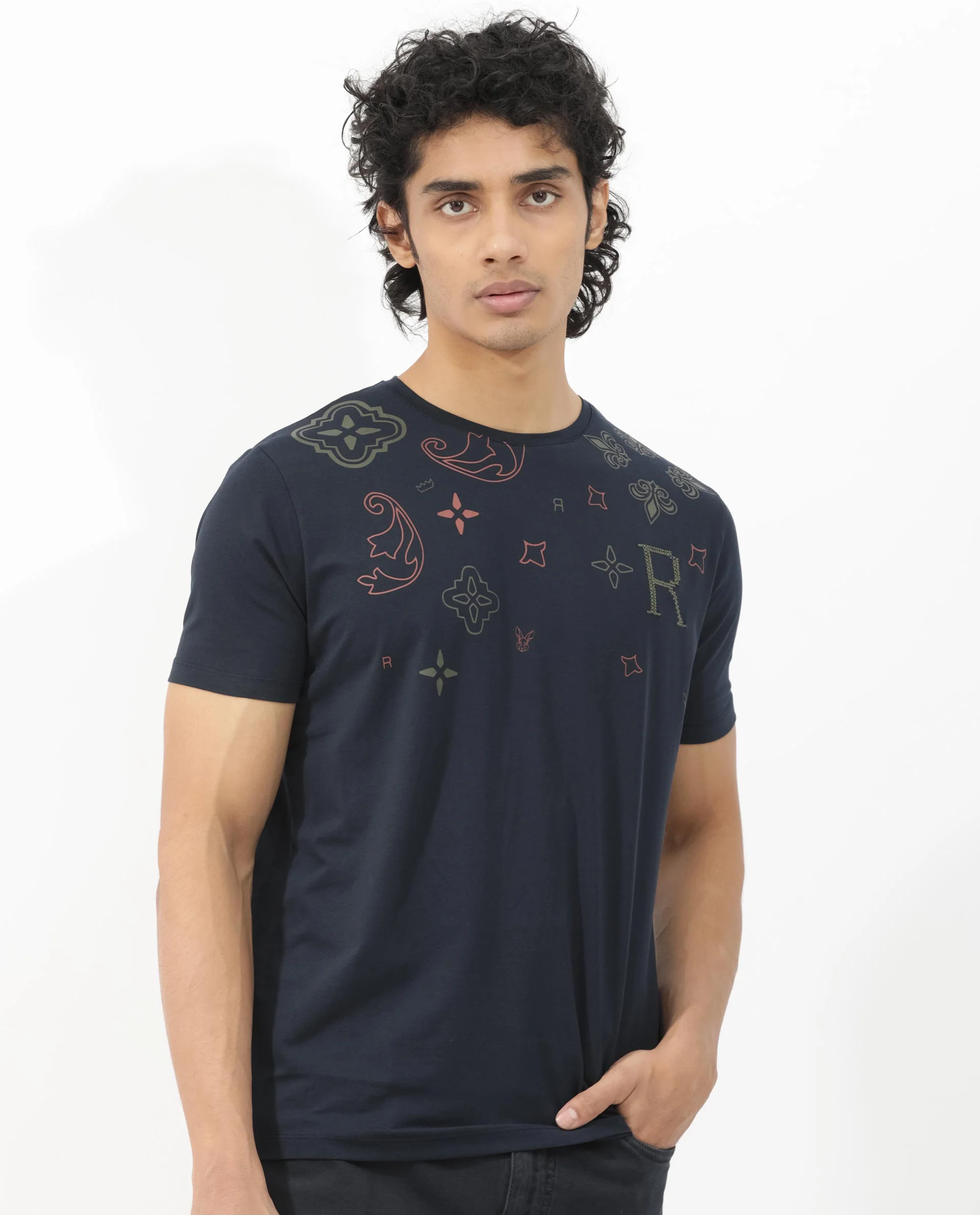 Rare Rabbit Men's Athens Navy Cotton Blend Graphic Print Regular Fit Half Sleeve Crew Neck T-Shirt - Image 4