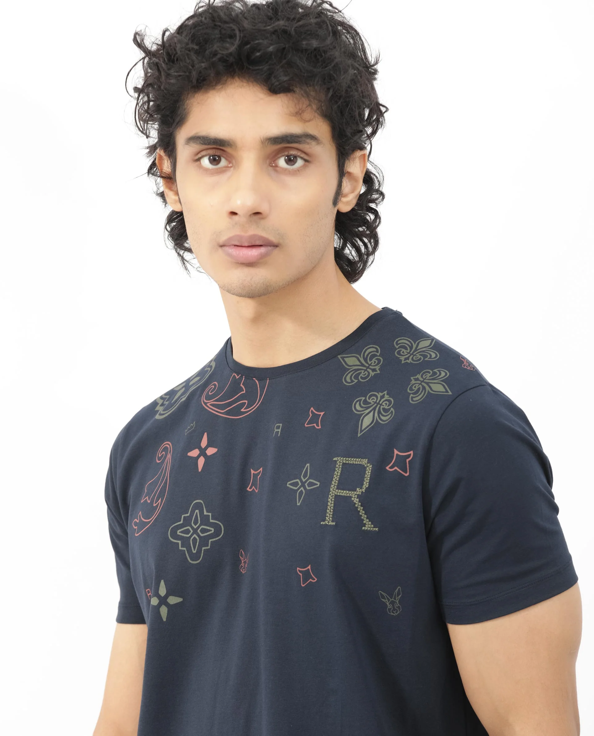 Rare Rabbit Men's Athens Navy Cotton Blend Graphic Print Regular Fit Half Sleeve Crew Neck T-Shirt - Image 5