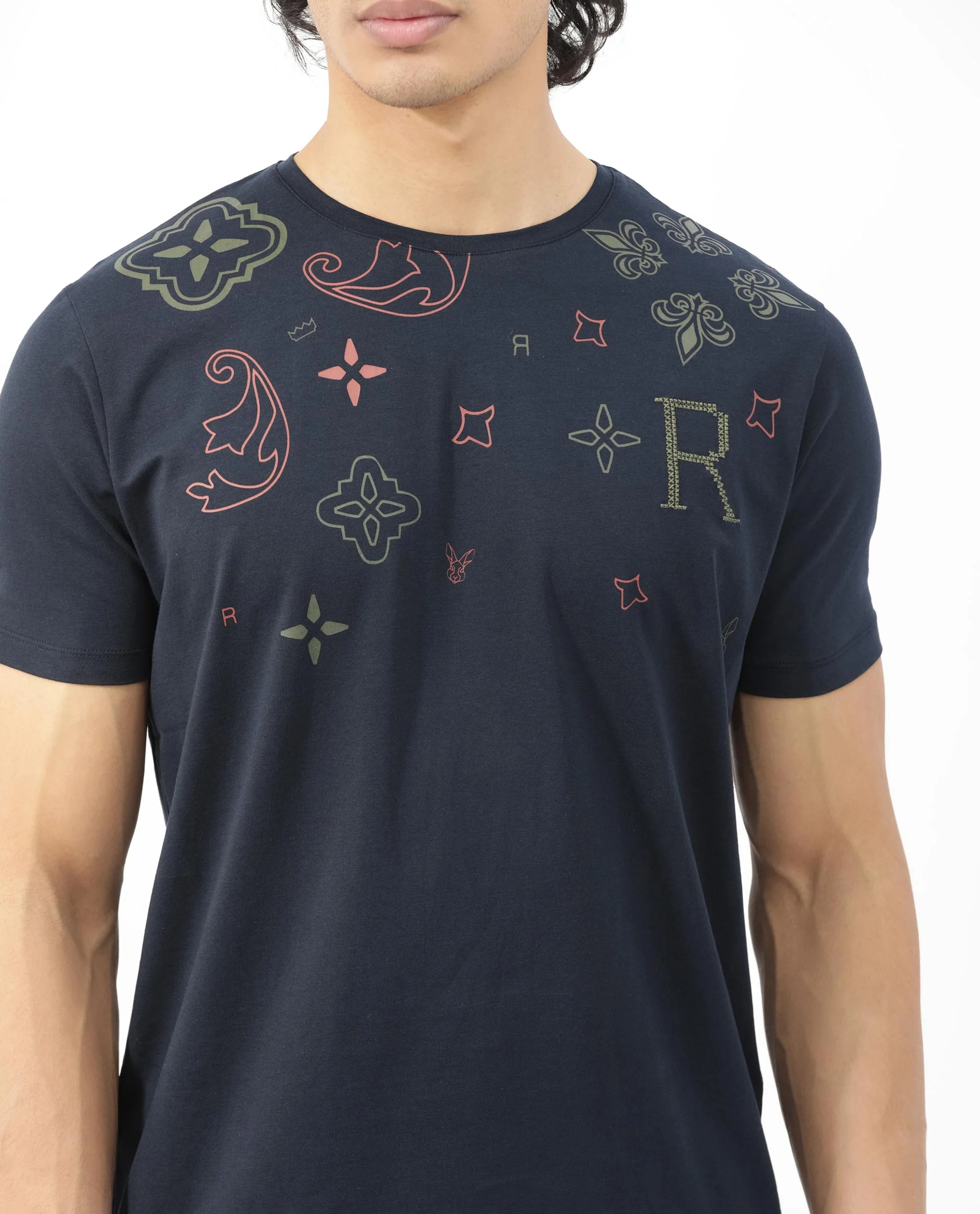 Rare Rabbit Men's Athens Navy Cotton Blend Graphic Print Regular Fit Half Sleeve Crew Neck T-Shirt - Image 6