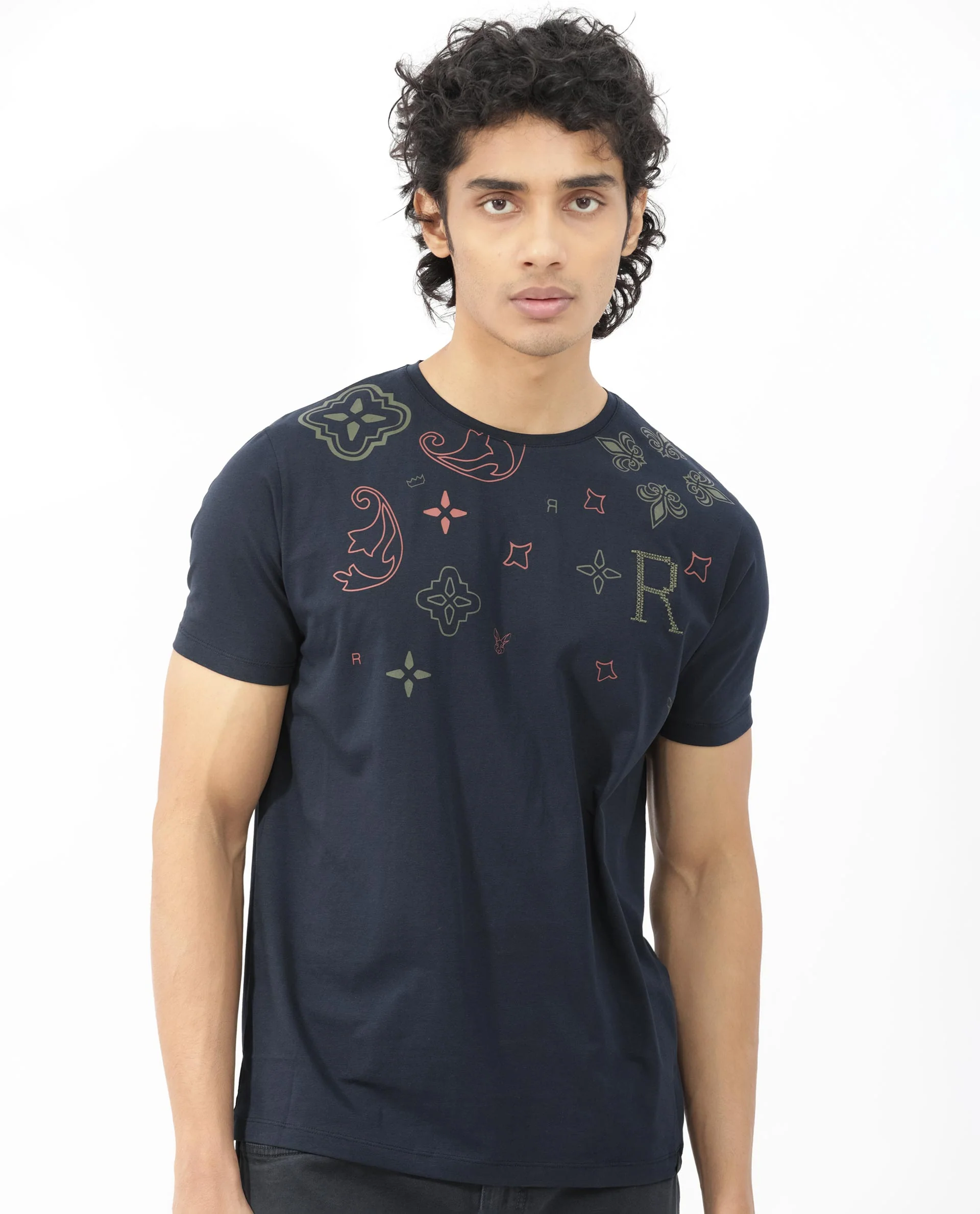 Rare Rabbit Men's Athens Navy Cotton Blend Graphic Print Regular Fit Half Sleeve Crew Neck T-Shirt - Image 7