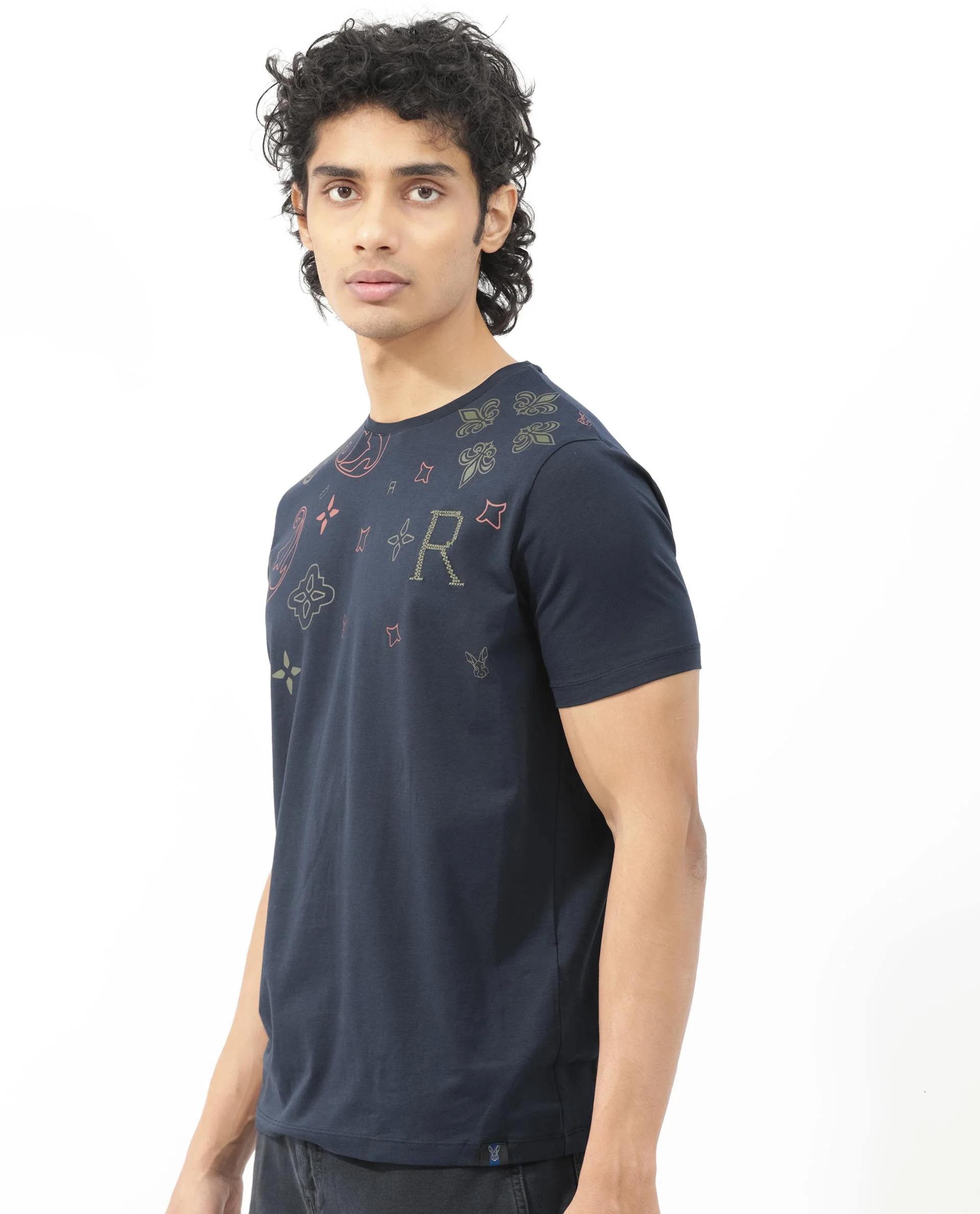 Rare Rabbit Men's Athens Navy Cotton Blend Graphic Print Regular Fit Half Sleeve Crew Neck T-Shirt - Image 8