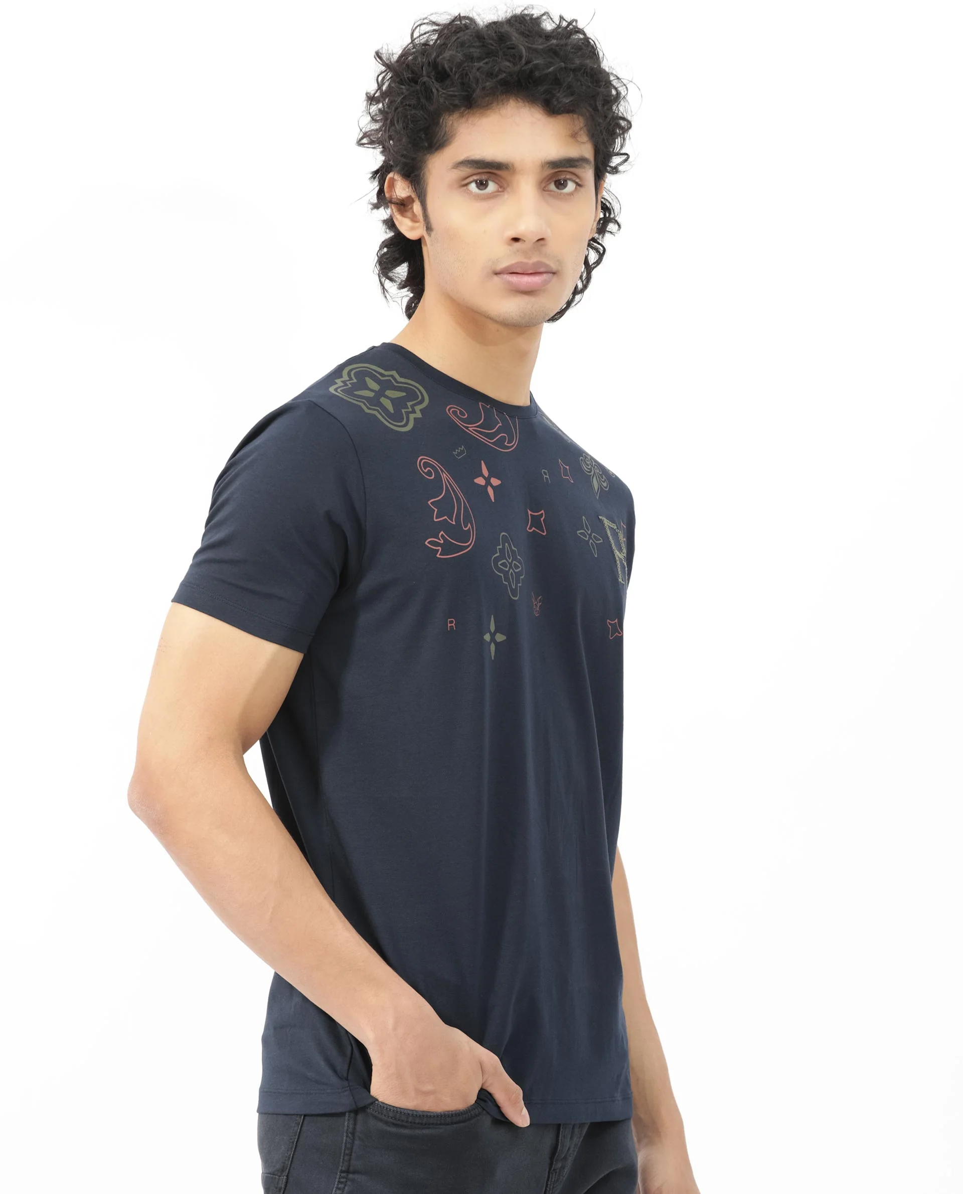 Rare Rabbit Men's Athens Navy Cotton Blend Graphic Print Regular Fit Half Sleeve Crew Neck T-Shirt - Image 9