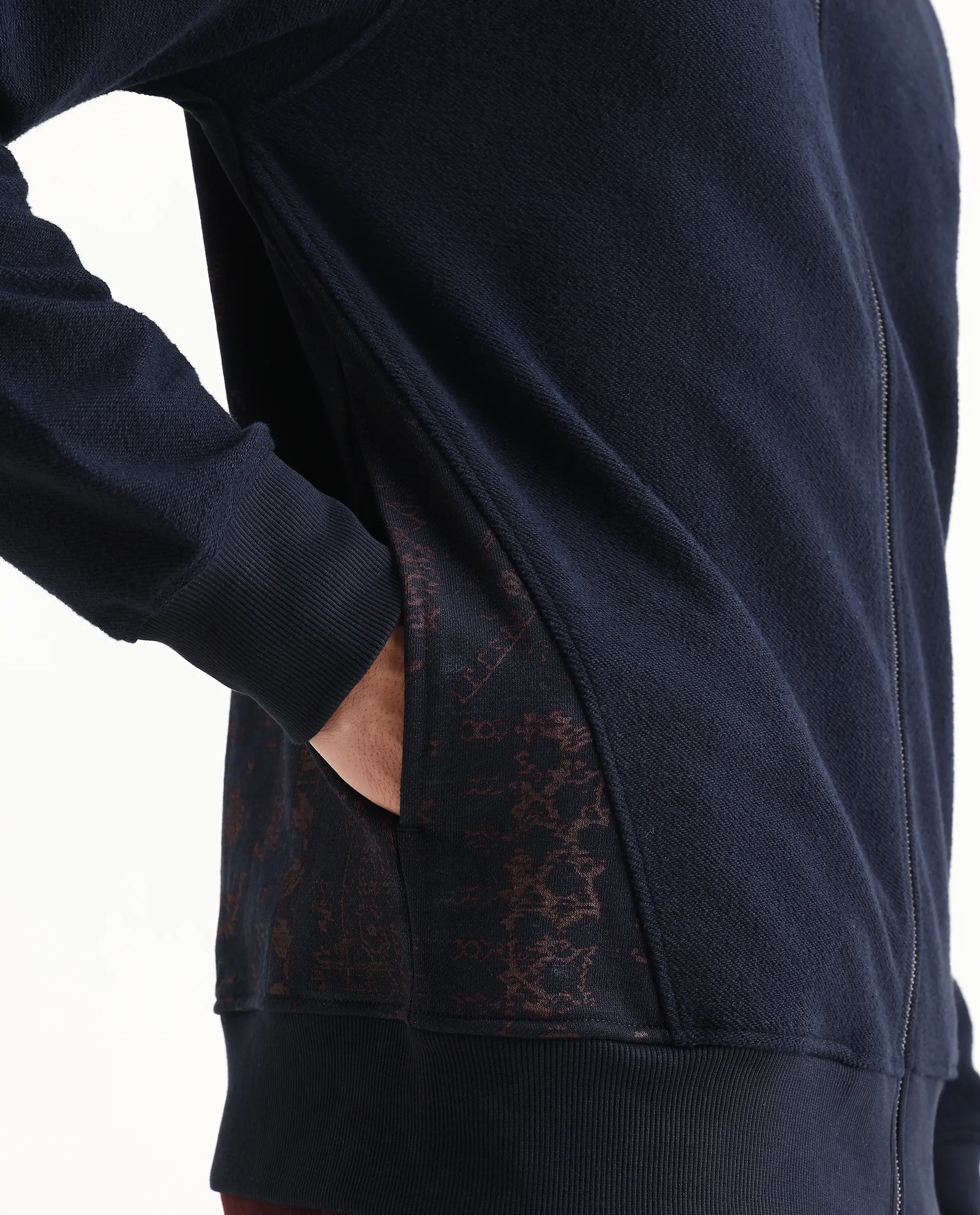 Rare Rabbit Men's Atin Dark Navy Cotton Blend Fabric Full Sleeves Hooded Zipper Closure Graphic Print Sweatshirt - Image 3