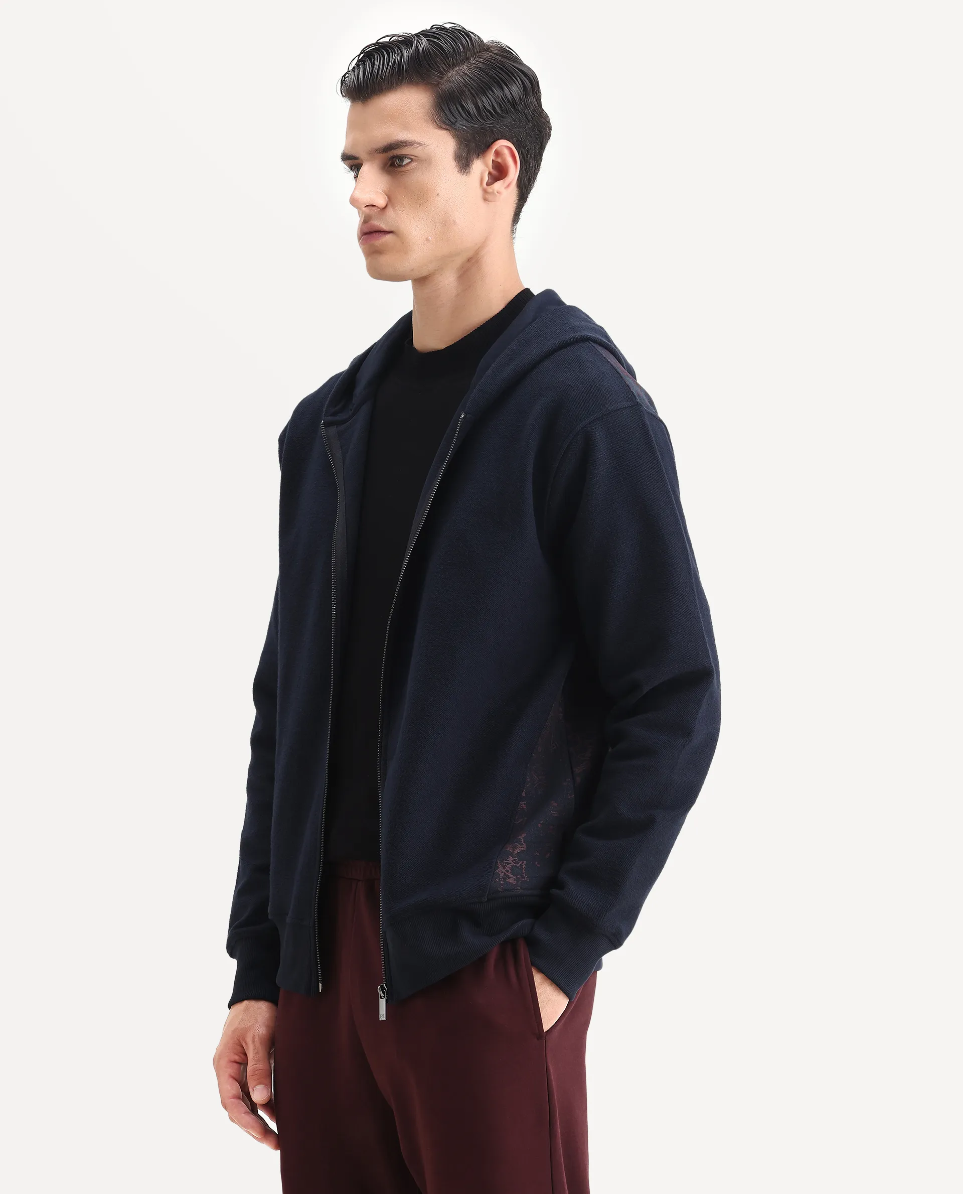 Rare Rabbit Men's Atin Dark Navy Cotton Blend Fabric Full Sleeves Hooded Zipper Closure Graphic Print Sweatshirt - Image 4