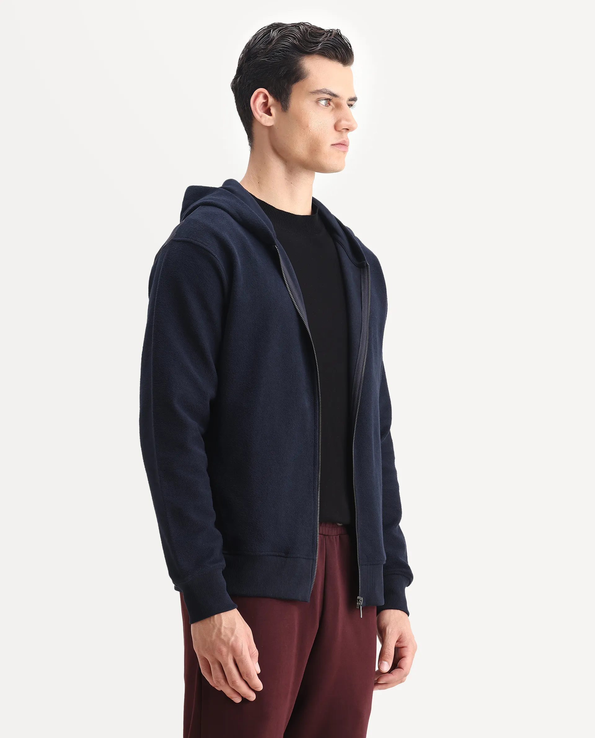 Rare Rabbit Men's Atin Dark Navy Cotton Blend Fabric Full Sleeves Hooded Zipper Closure Graphic Print Sweatshirt - Image 5