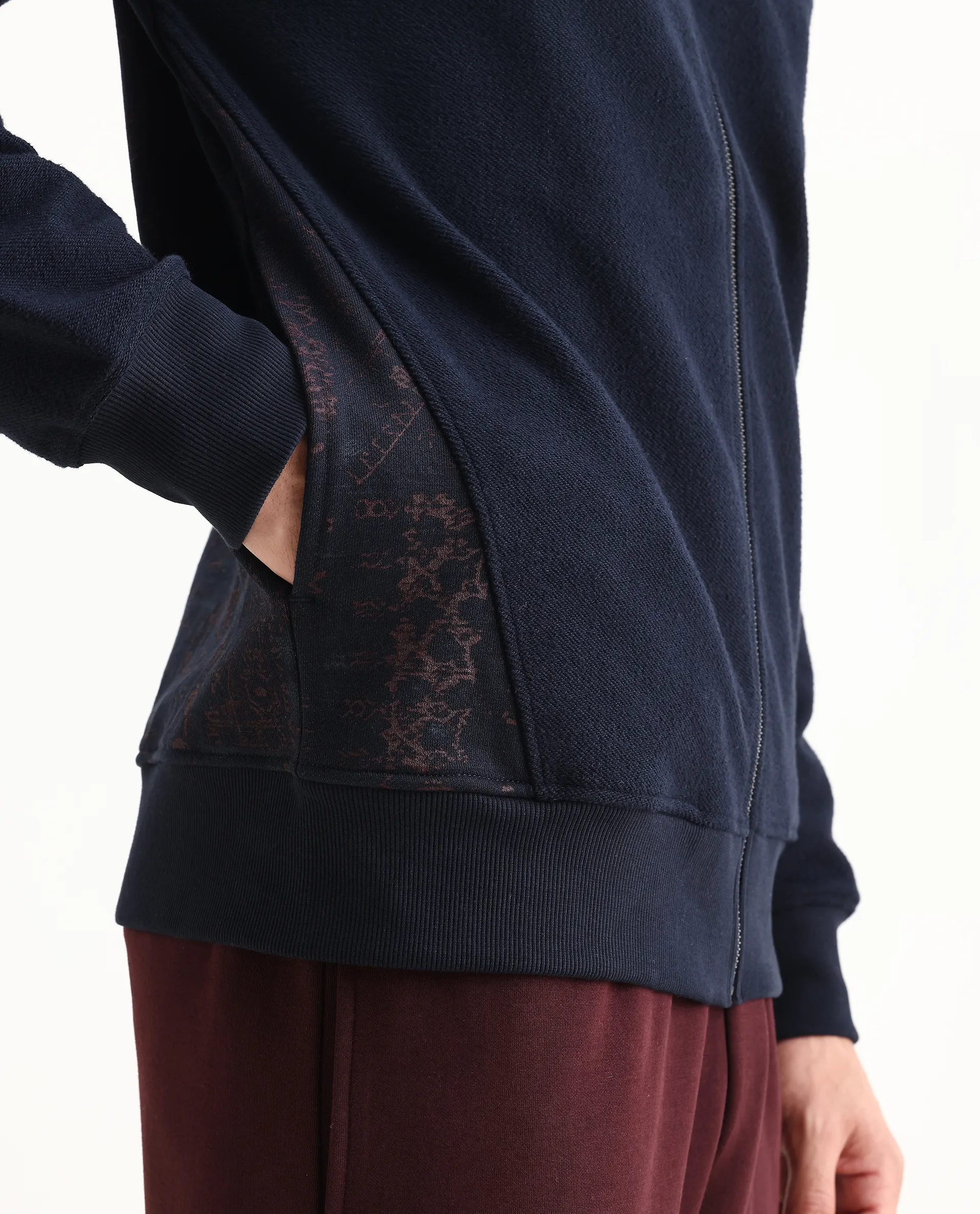 Rare Rabbit Men's Atin Dark Navy Cotton Blend Fabric Full Sleeves Hooded Zipper Closure Graphic Print Sweatshirt - Image 6