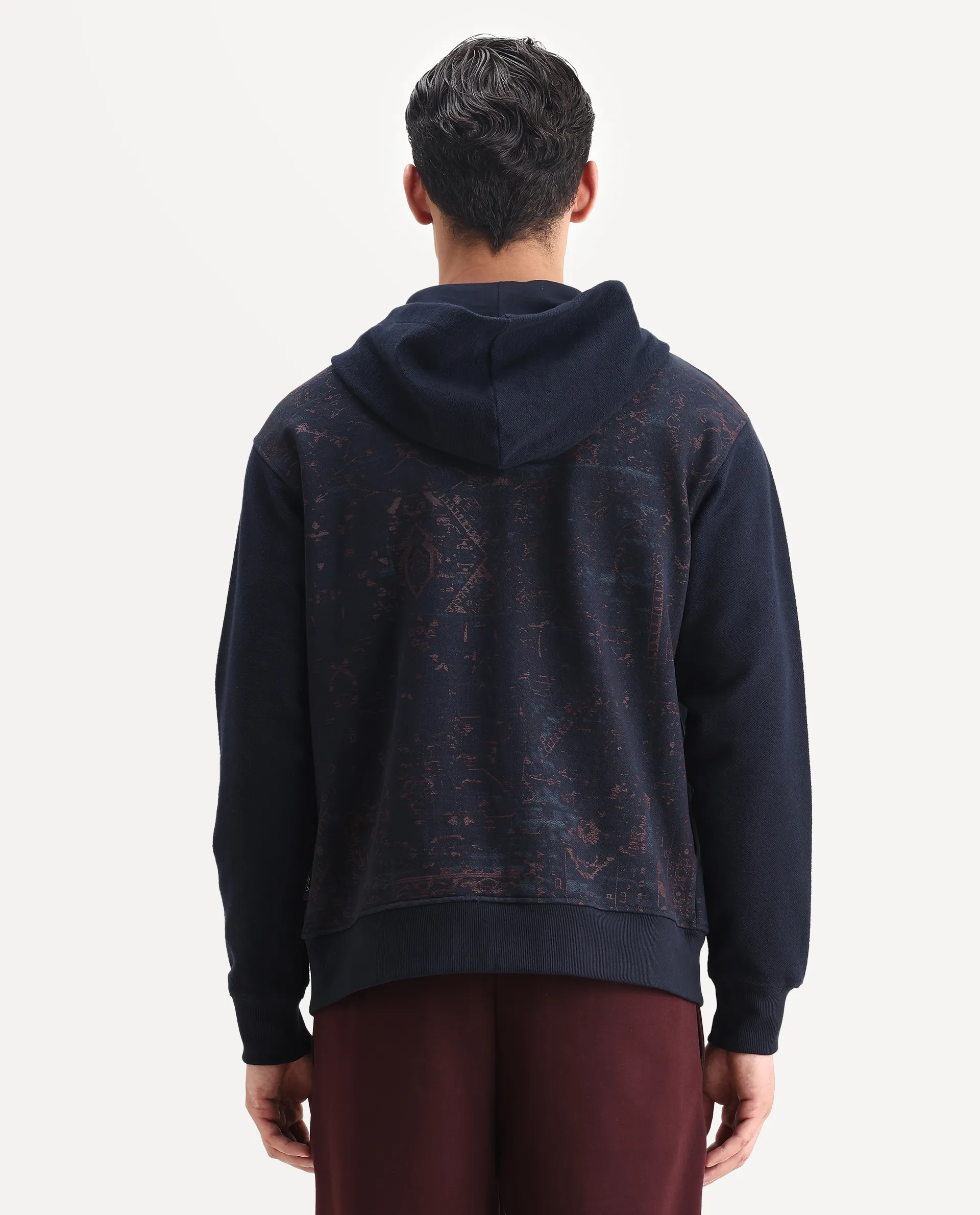 Rare Rabbit Men's Atin Dark Navy Cotton Blend Fabric Full Sleeves Hooded Zipper Closure Graphic Print Sweatshirt - Image 7