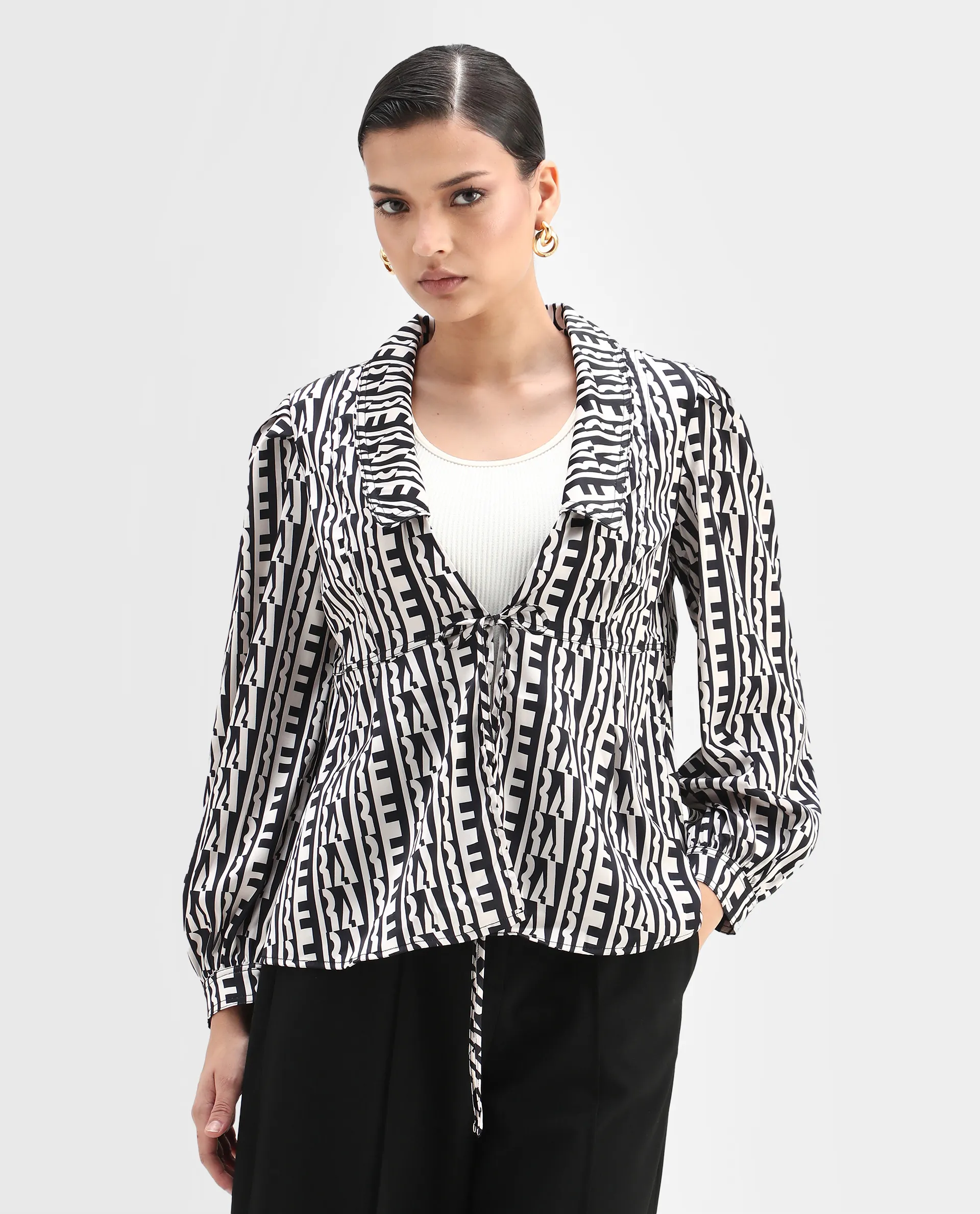 Rareism Women's Atlanti Black Polyester Spread Collar Geometric Print Relaxed Fit Top - Image 3