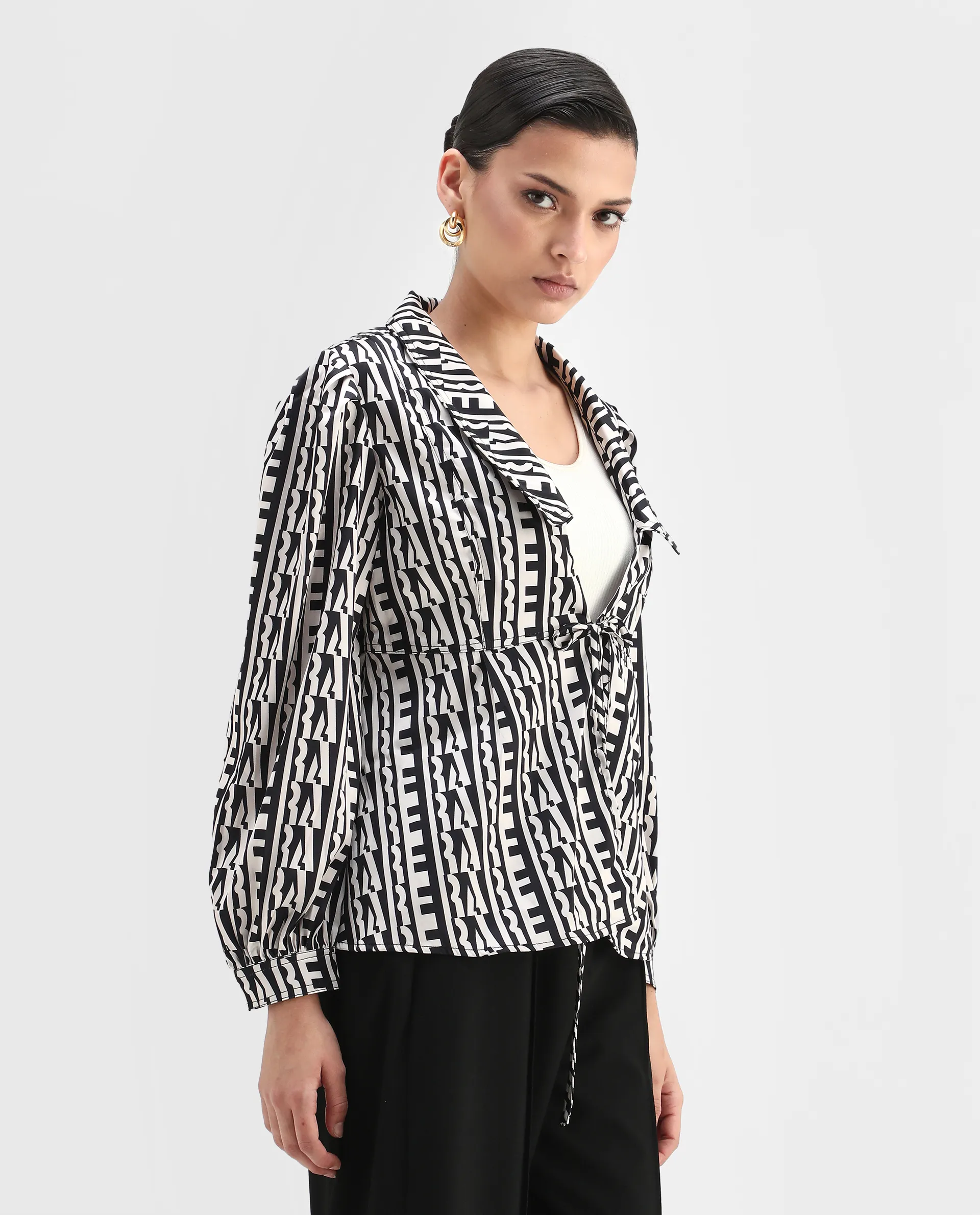 Rareism Women's Atlanti Black Polyester Spread Collar Geometric Print Relaxed Fit Top - Image 5