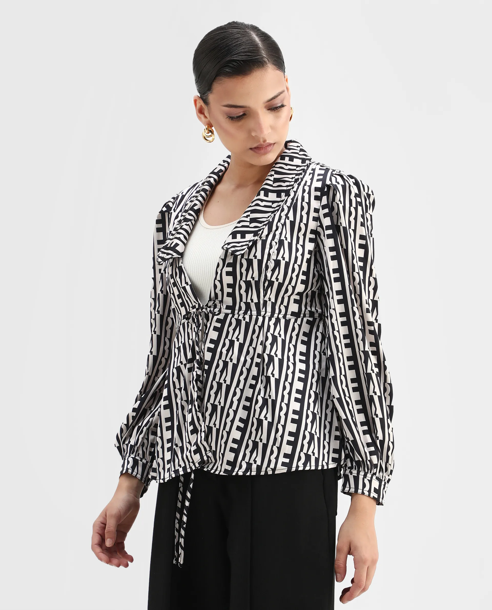 Rareism Women's Atlanti Black Polyester Spread Collar Geometric Print Relaxed Fit Top - Image 6