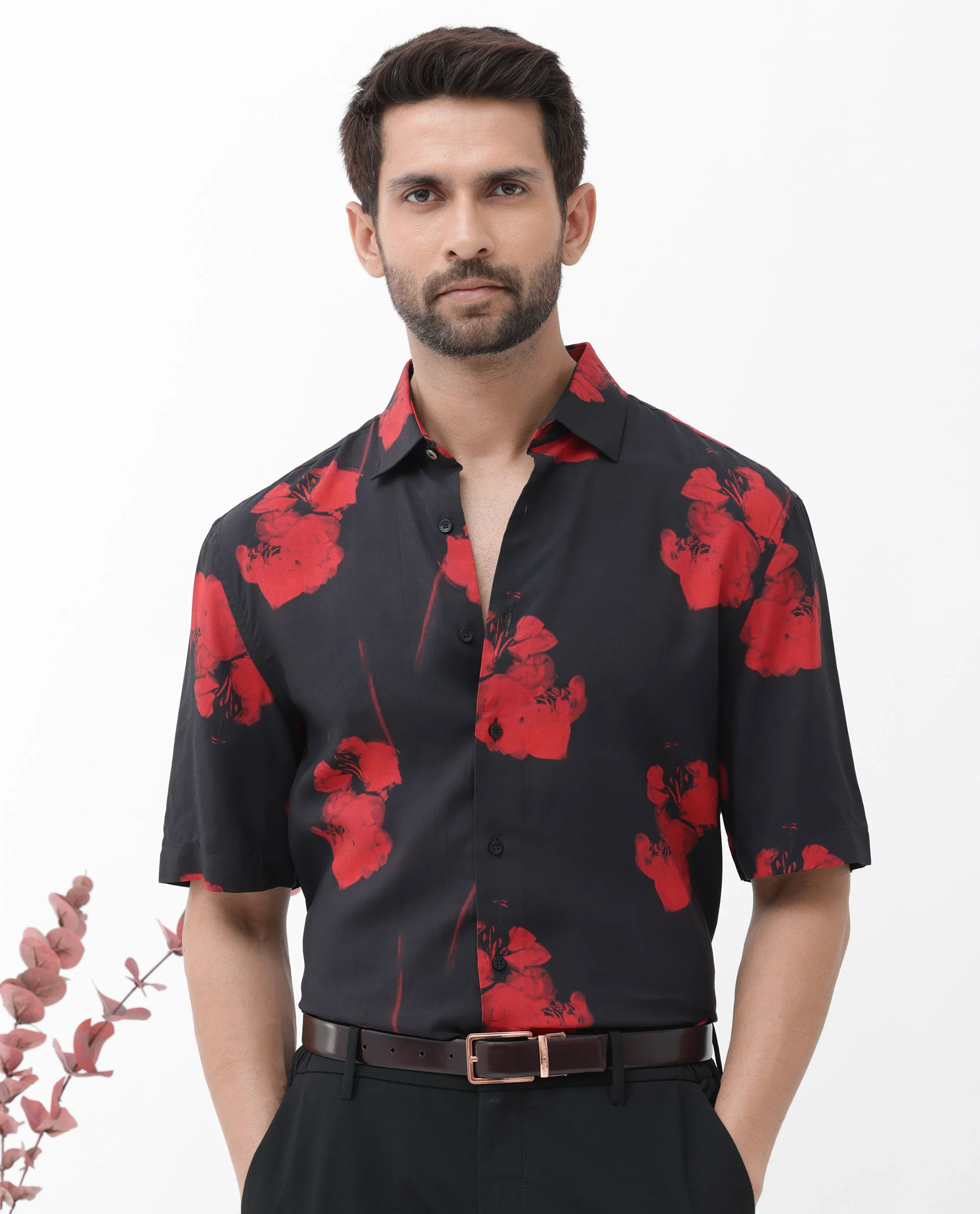 Rare Rabbit Men's Atley Black Viscose Abstract Print Boxy Fit Half Sleeve Collared Shirt