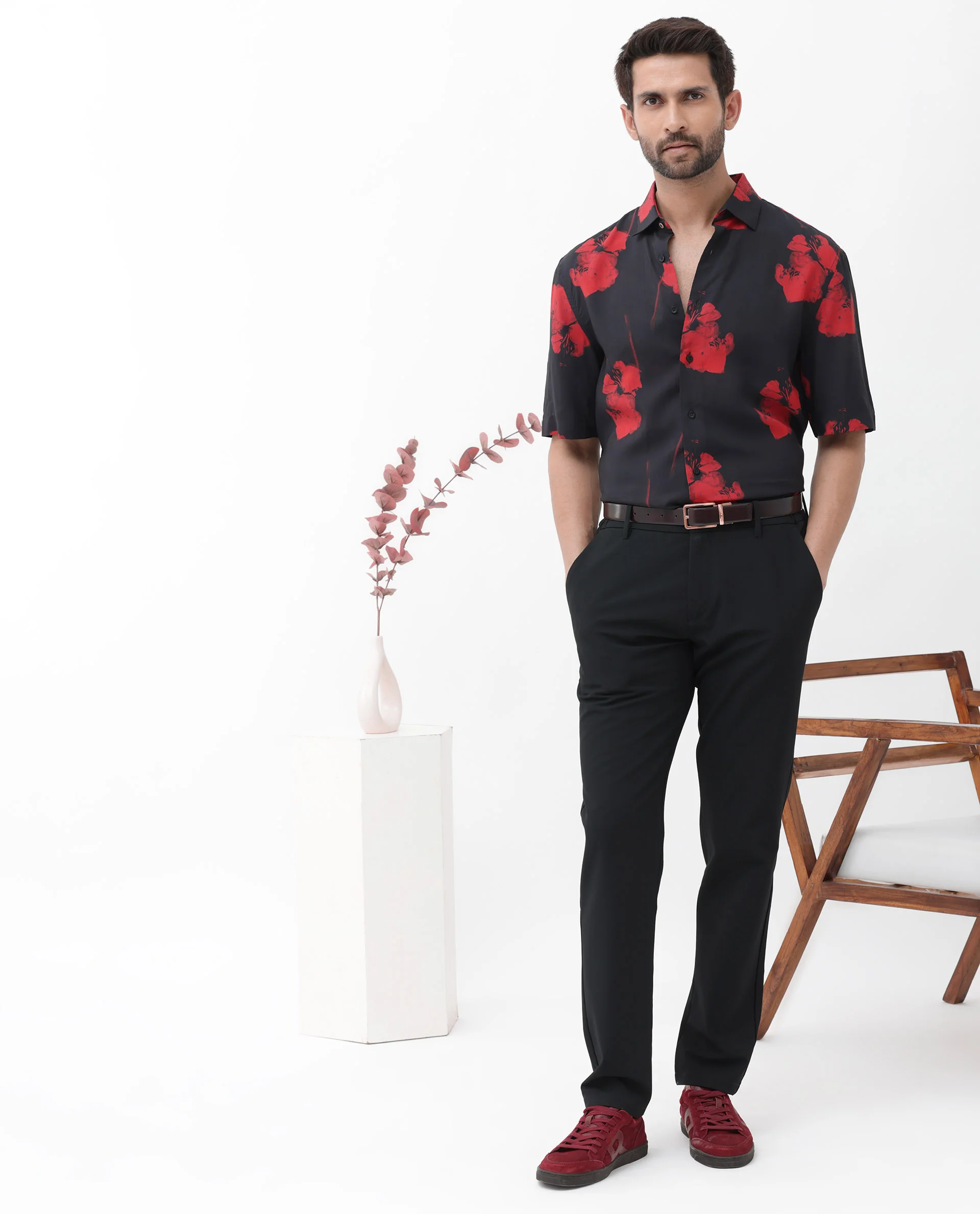 Rare Rabbit Men's Atley Black Viscose Abstract Print Boxy Fit Half Sleeve Collared Shirt - Image 2