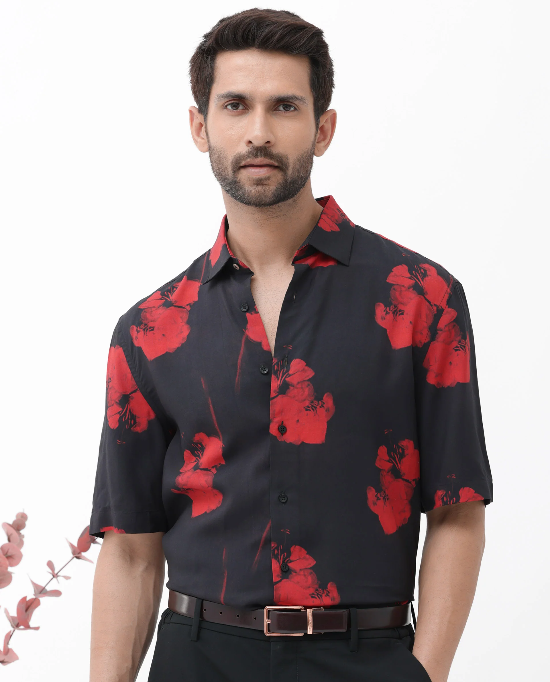 Rare Rabbit Men's Atley Black Viscose Abstract Print Boxy Fit Half Sleeve Collared Shirt - Image 5