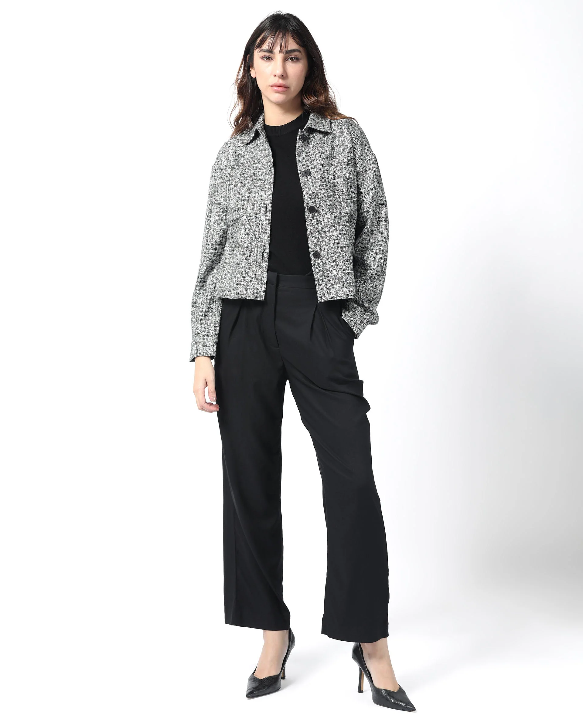Rareism Women's Atmos Black Polyester Spread Collar Textured Regular Fit Jacket - Image 2