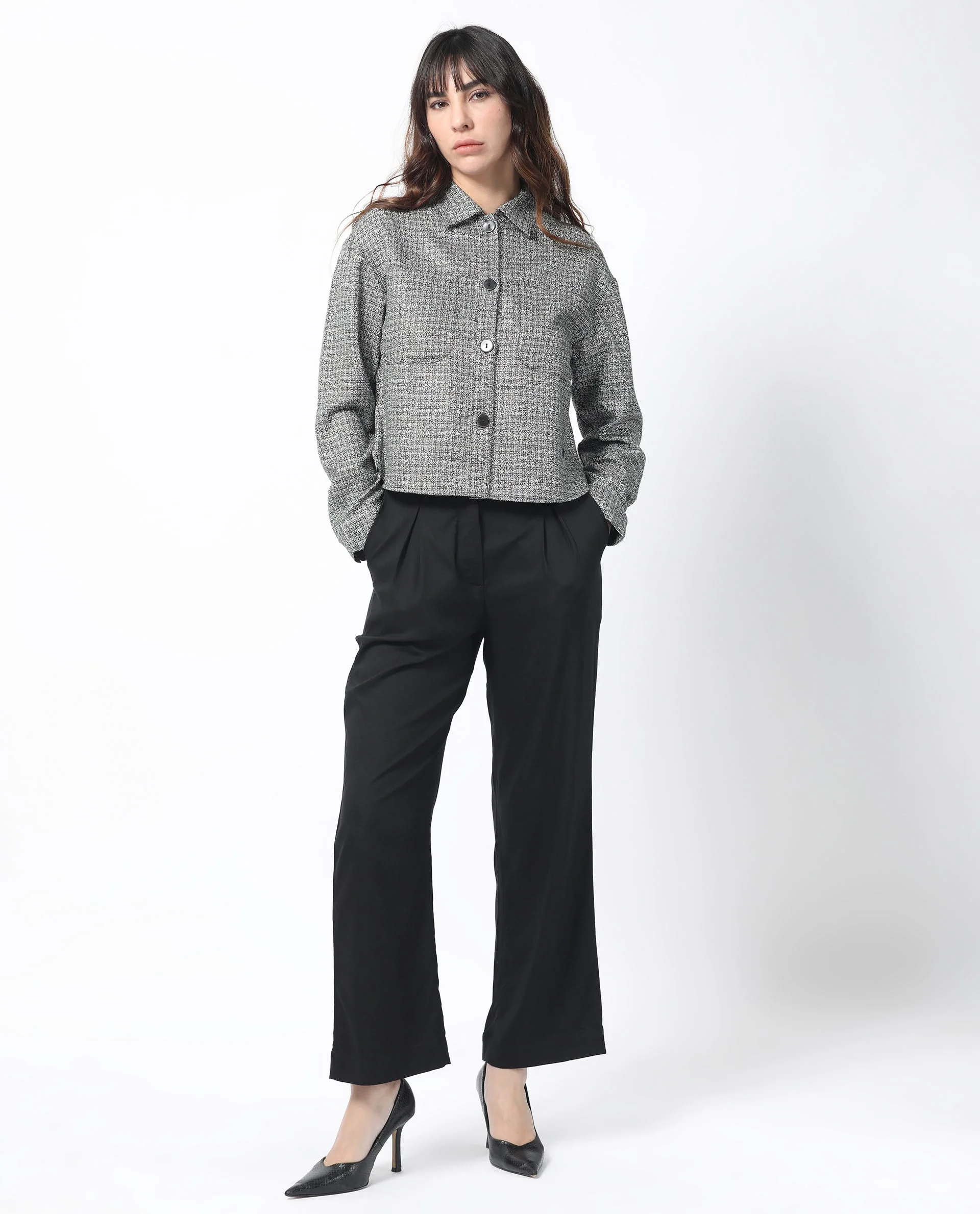 Rareism Women's Atmos Black Polyester Spread Collar Textured Regular Fit Jacket - Image 6