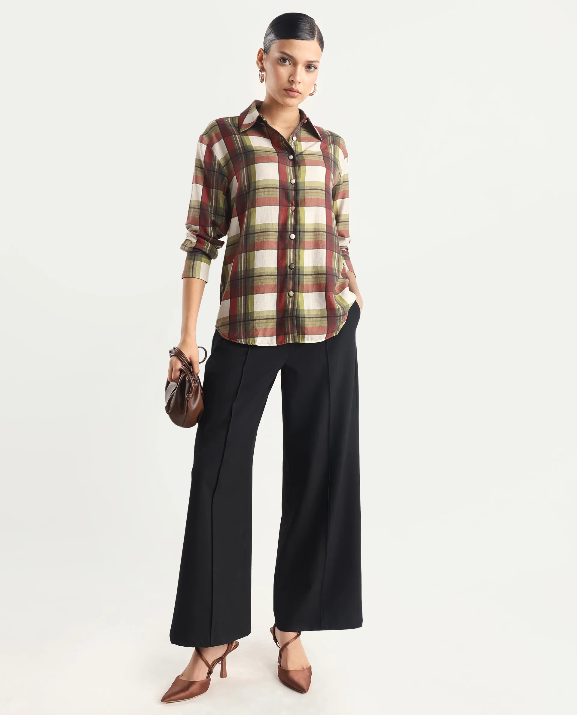 Rareism Women's Atoil Multi Viscose Blend Drop Collar Flannel Print Cuffed Sleeve Regular Fit Shirt - Image 2
