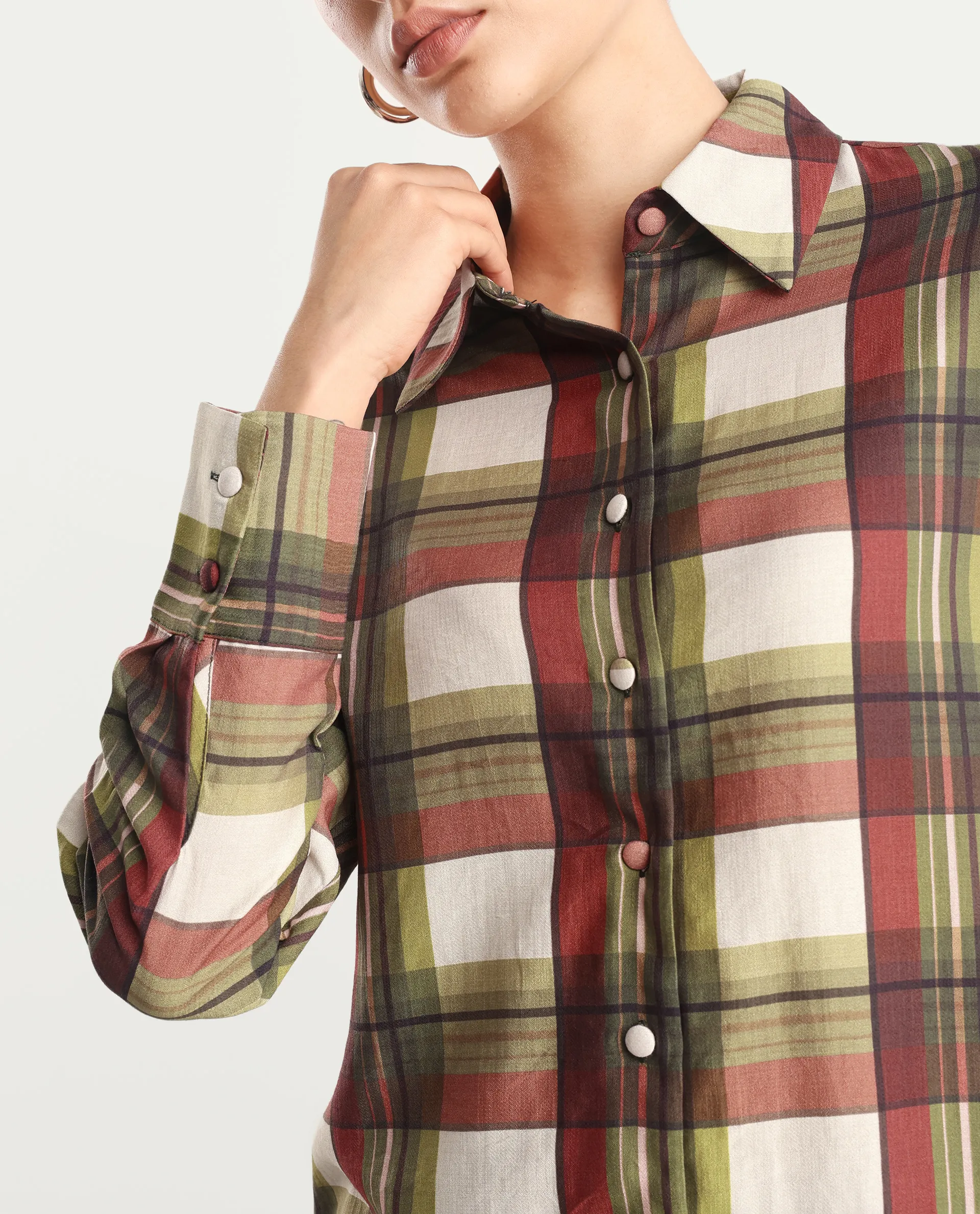 Rareism Women's Atoil Multi Viscose Blend Drop Collar Flannel Print Cuffed Sleeve Regular Fit Shirt - Image 3