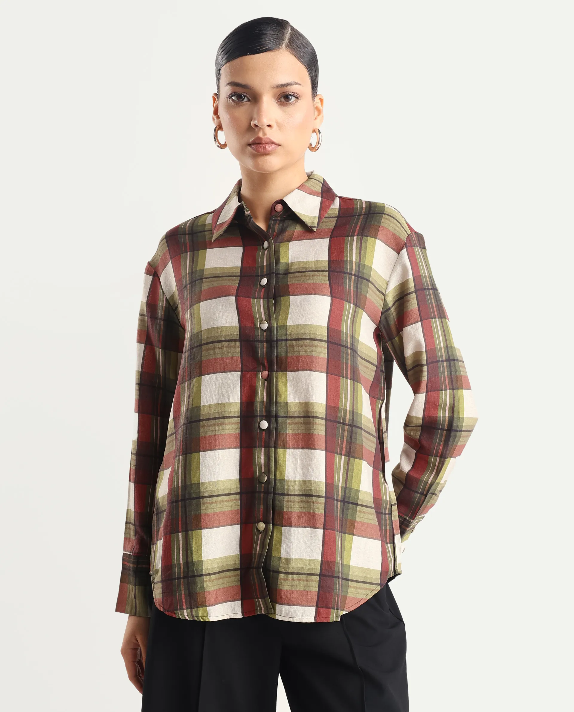 Rareism Women's Atoil Multi Viscose Blend Drop Collar Flannel Print Cuffed Sleeve Regular Fit Shirt - Image 4