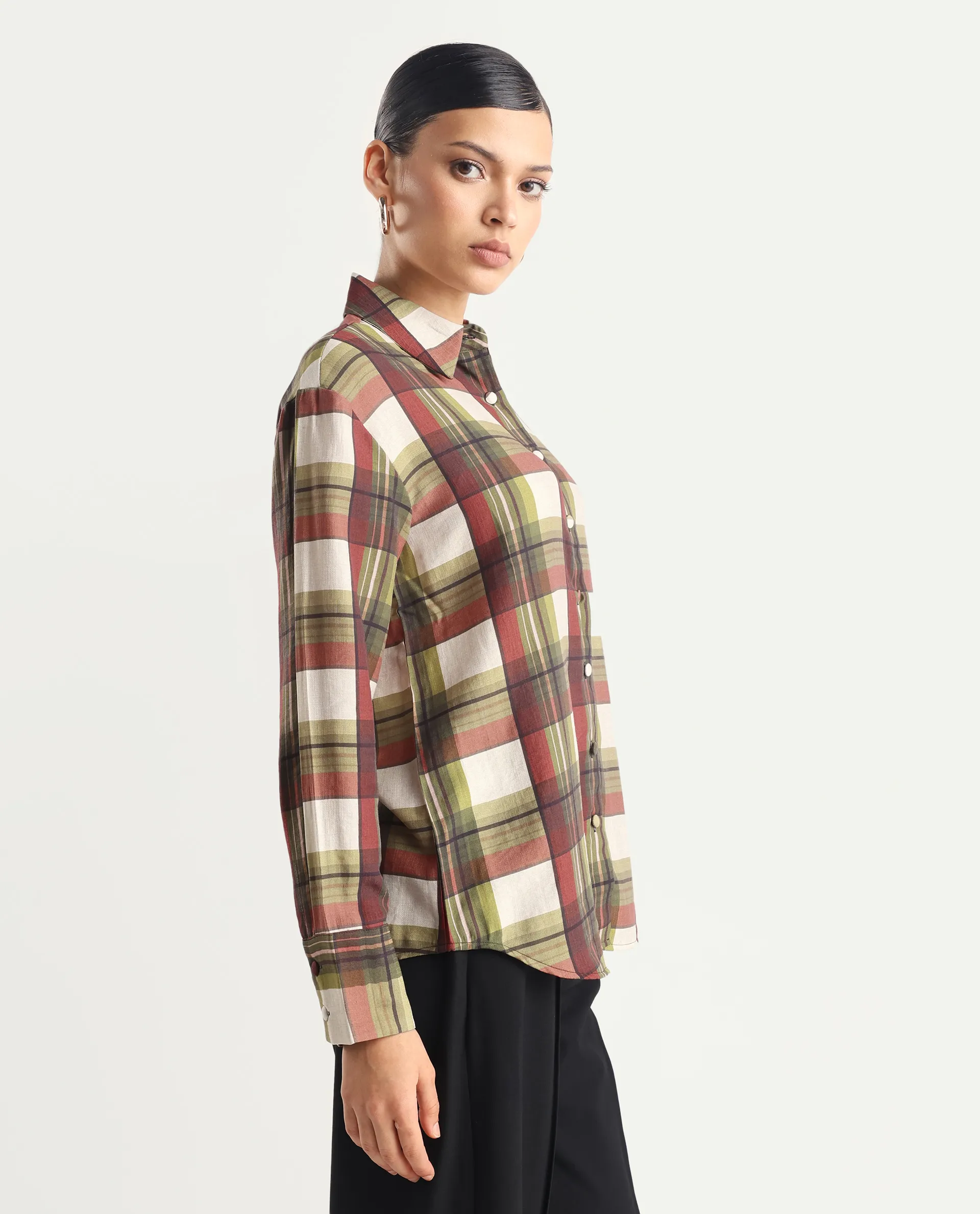 Rareism Women's Atoil Multi Viscose Blend Drop Collar Flannel Print Cuffed Sleeve Regular Fit Shirt - Image 5