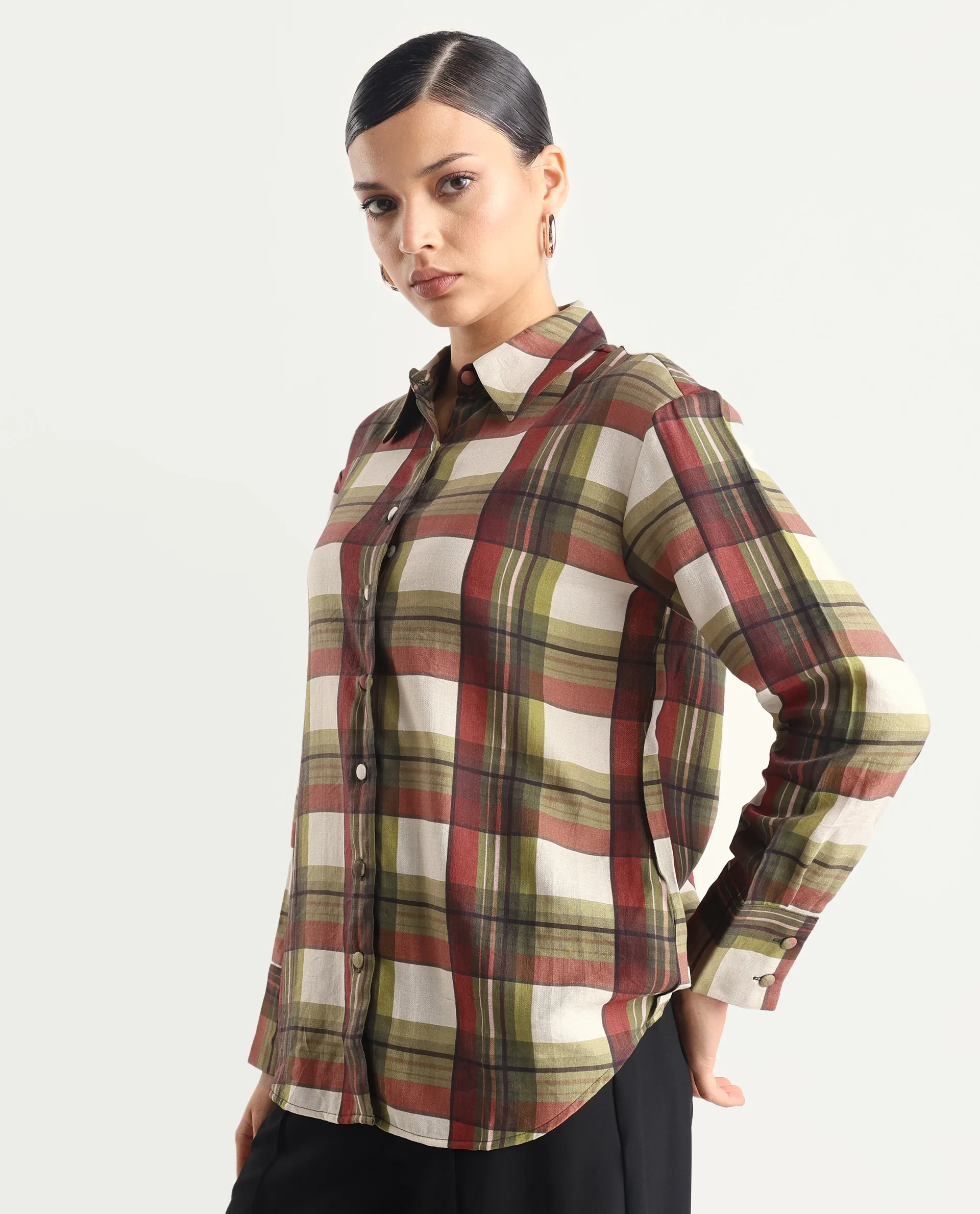 Rareism Women's Atoil Multi Viscose Blend Drop Collar Flannel Print Cuffed Sleeve Regular Fit Shirt - Image 6