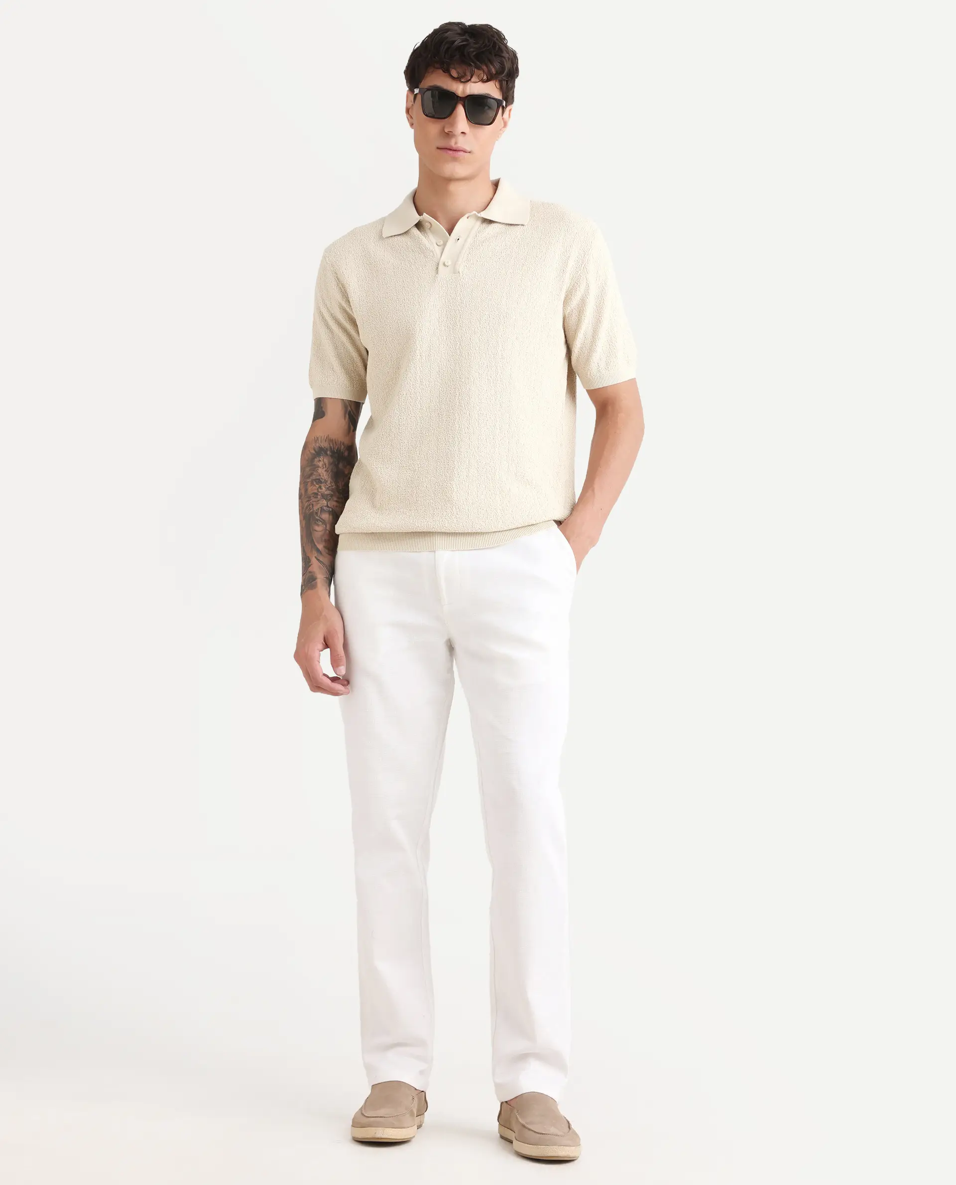 Rare Rabbit Men's Atri Off White Cotton Blend Fabric Collared Neck Regular Fit Textured Polo - Image 2