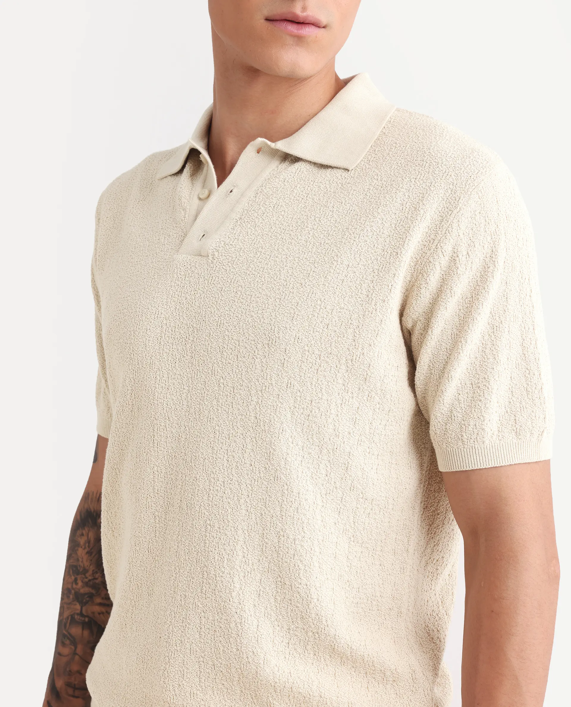 Rare Rabbit Men's Atri Off White Cotton Blend Fabric Collared Neck Regular Fit Textured Polo - Image 3