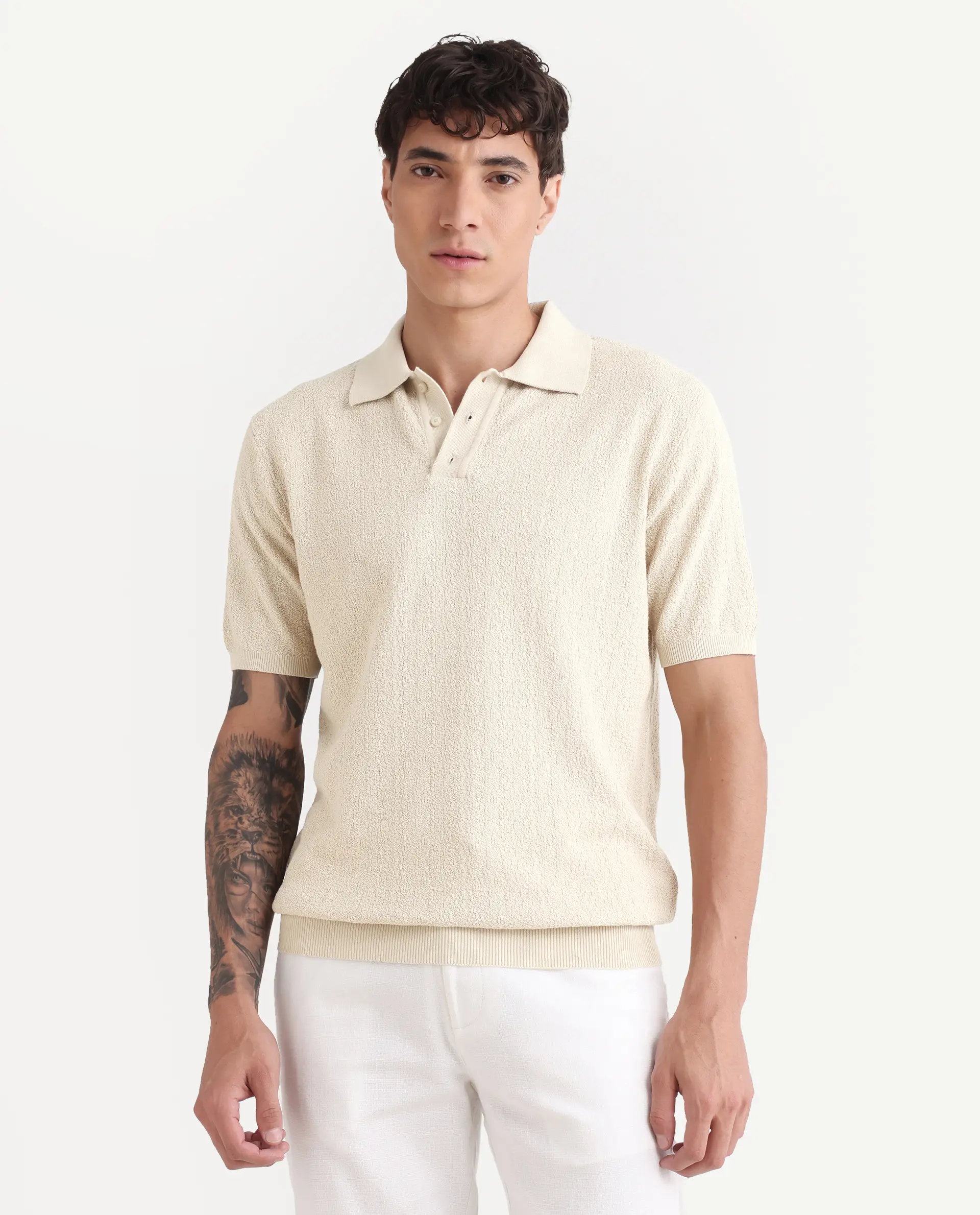 Rare Rabbit Men's Atri Off White Cotton Blend Fabric Collared Neck Regular Fit Textured Polo - Image 4
