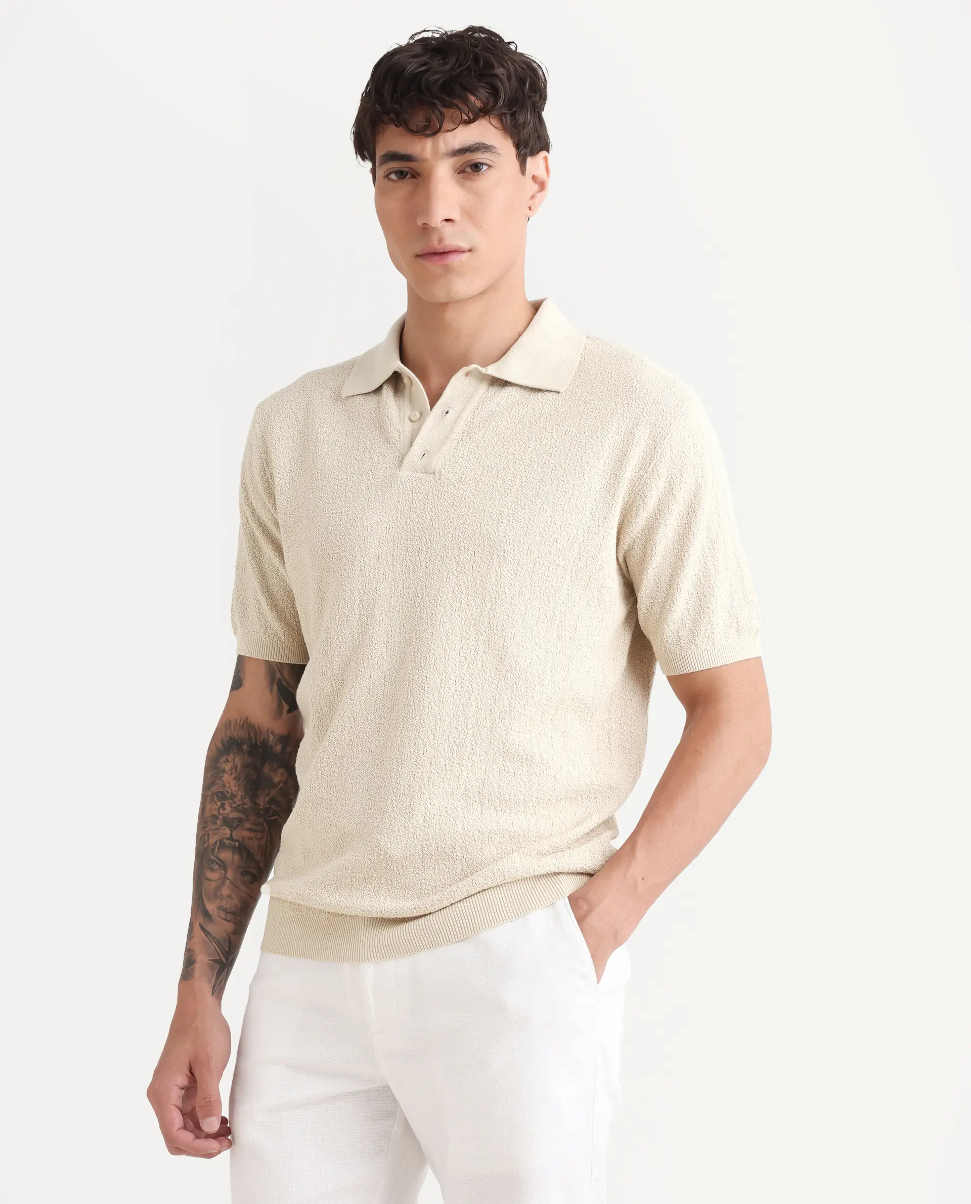 Rare Rabbit Men's Atri Off White Cotton Blend Fabric Collared Neck Regular Fit Textured Polo - Image 5