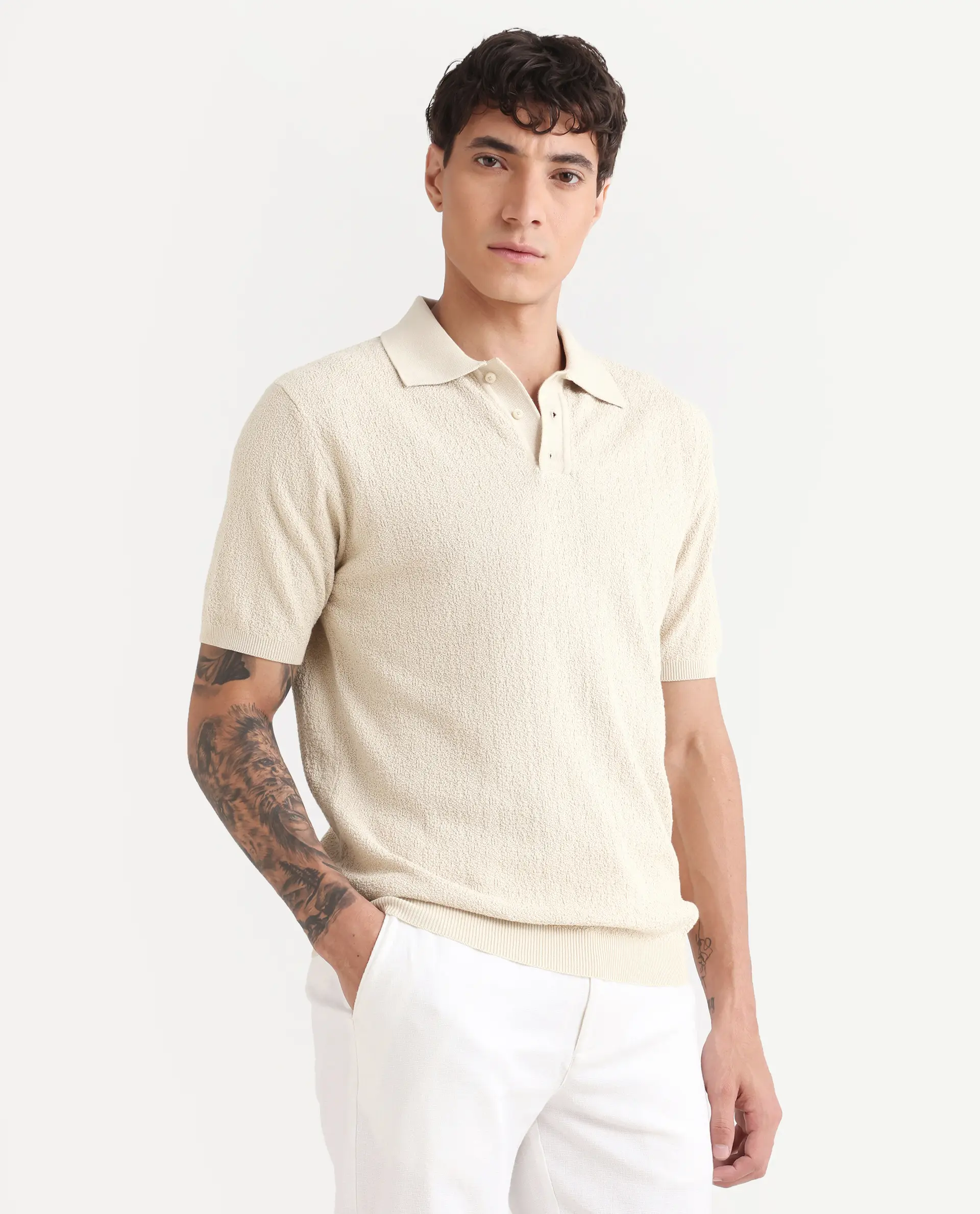 Rare Rabbit Men's Atri Off White Cotton Blend Fabric Collared Neck Regular Fit Textured Polo - Image 6