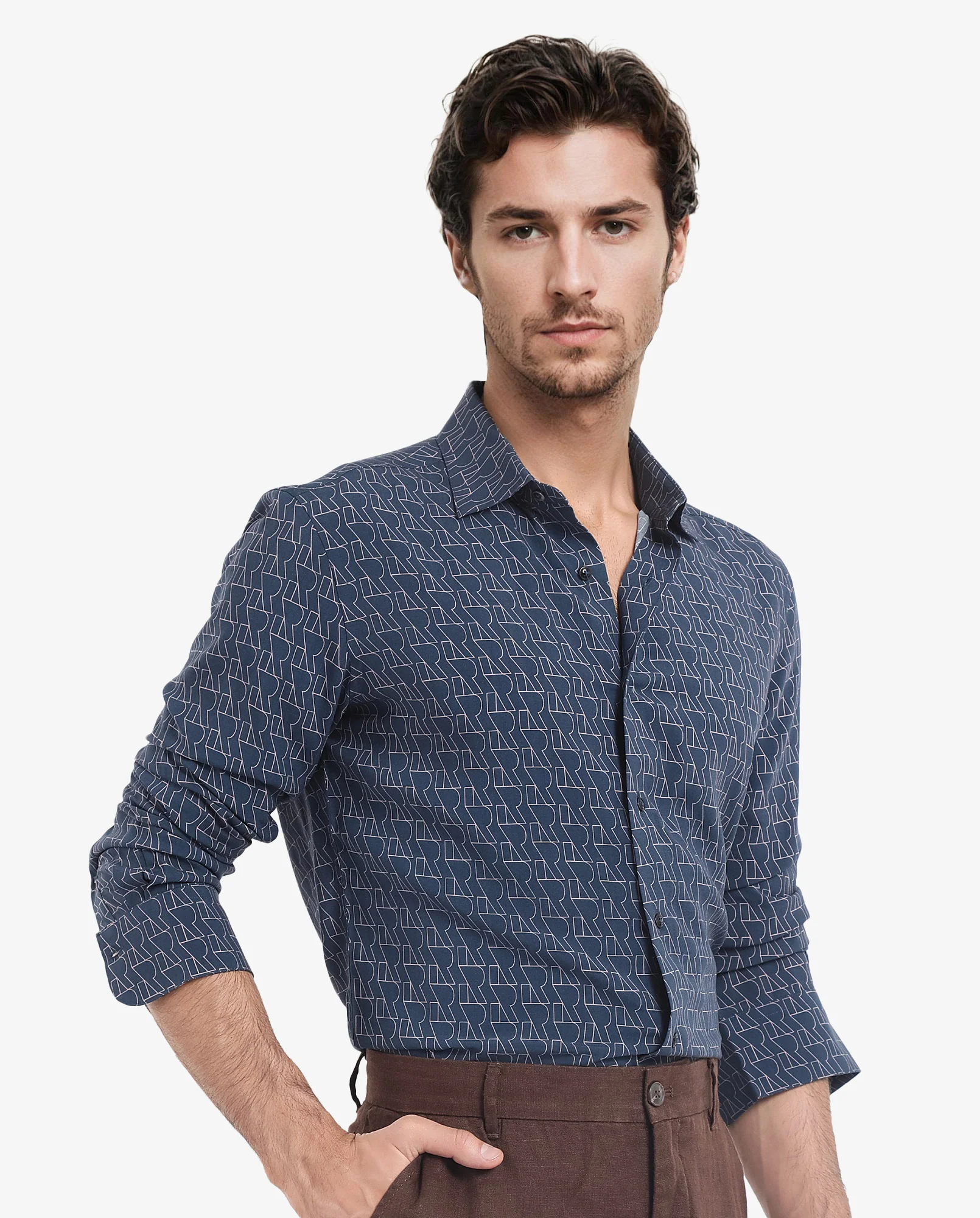 Rare Rabbit Men's Atria Dark Teal Viscose Monogram Print Boxy Fit Full Sleeve Collared Shirt - Image 3