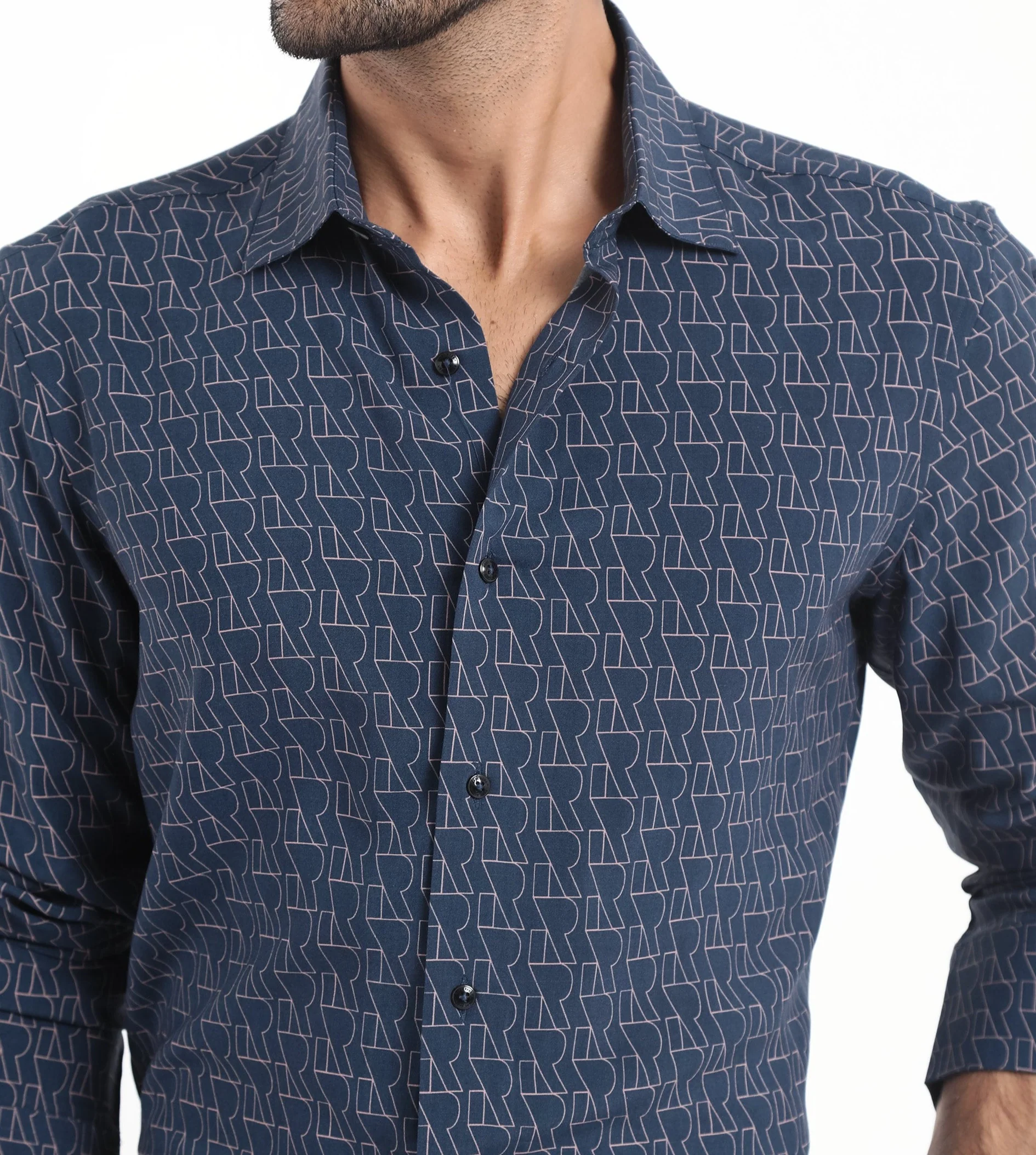 Rare Rabbit Men's Atria Dark Teal Viscose Monogram Print Boxy Fit Full Sleeve Collared Shirt - Image 4