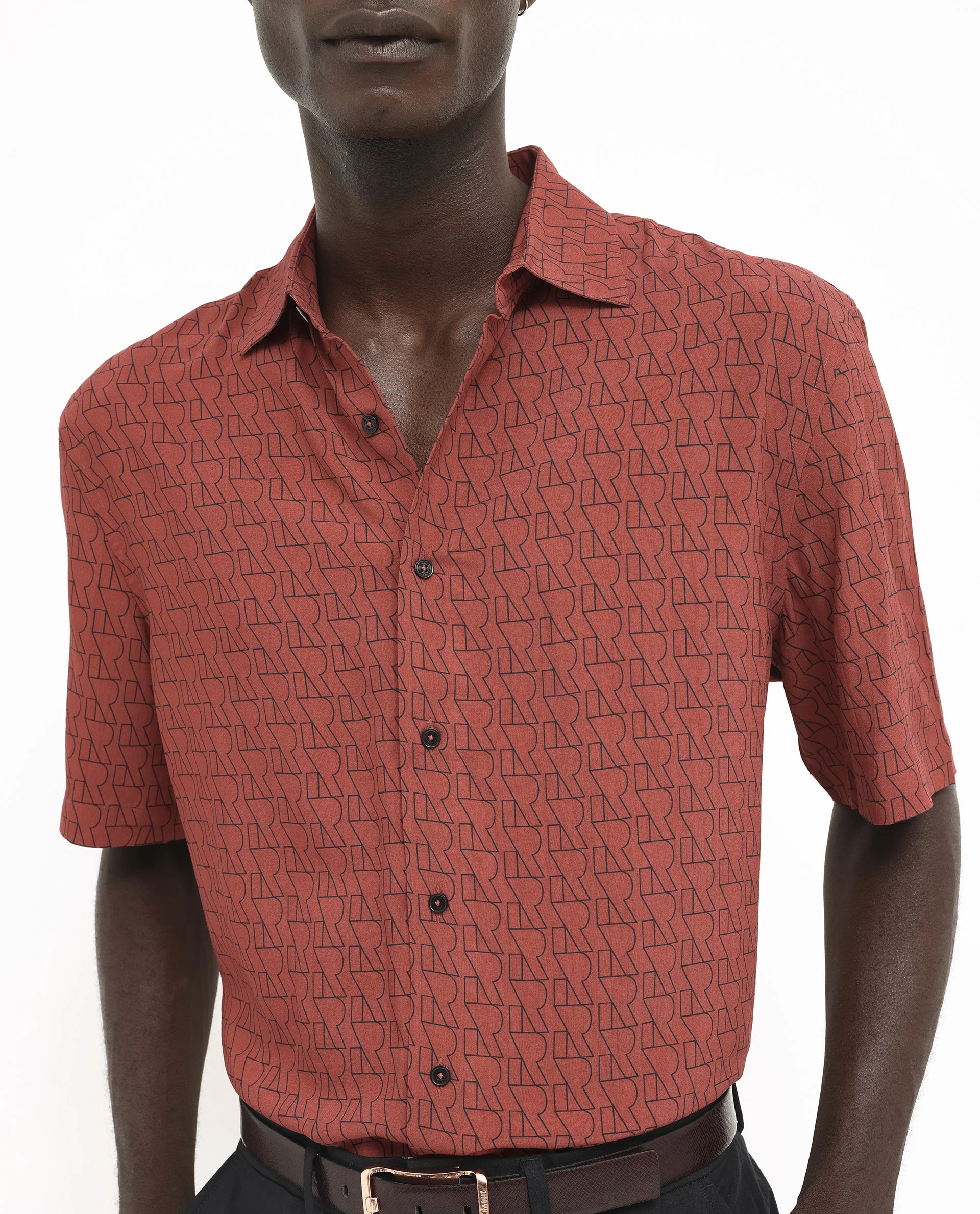 Rare Rabbit Men's Atria Ss Dark Rust Viscose Monogram Print Boxy Fit Half Sleeve Spread Collar Shirt - Image 3