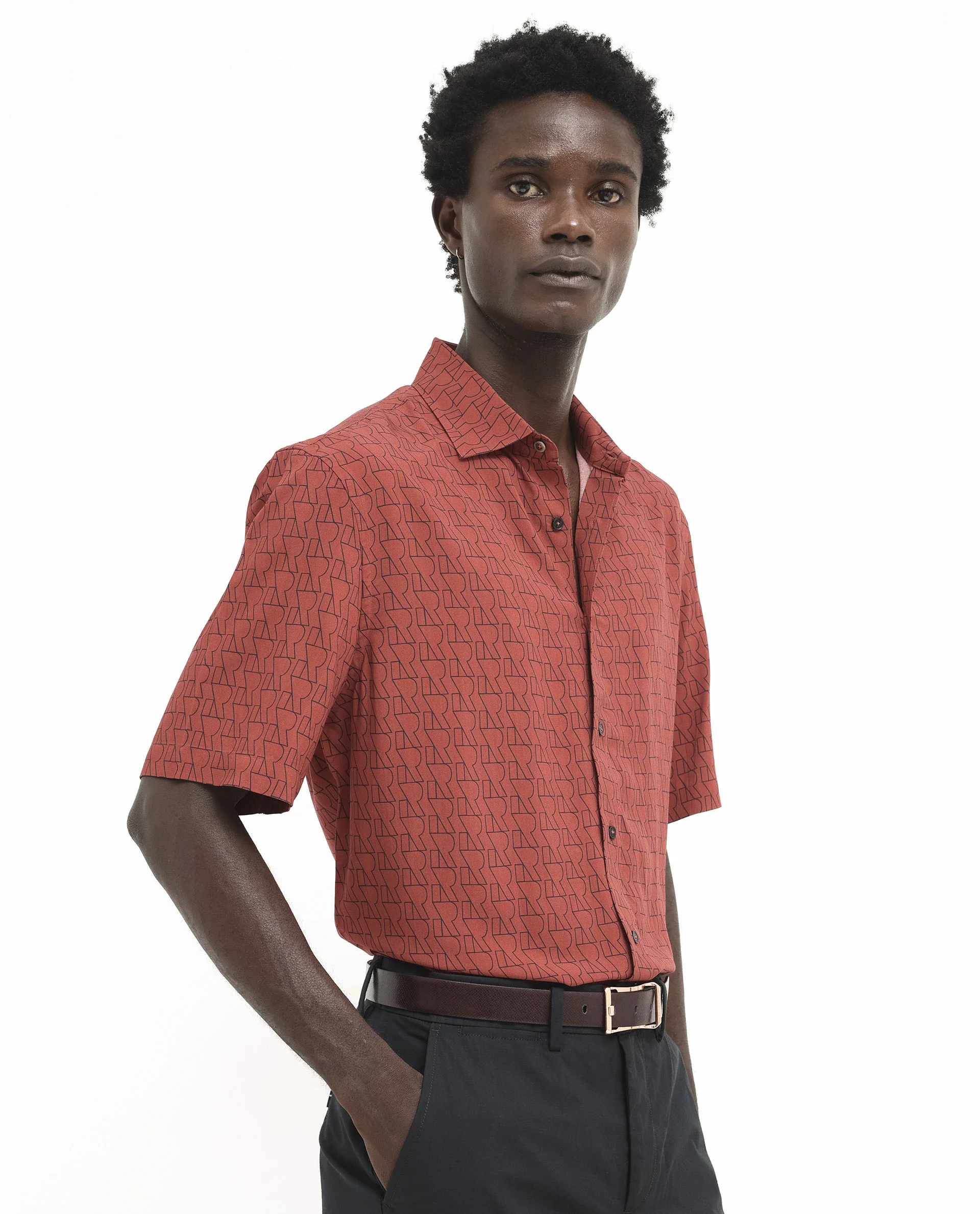 Rare Rabbit Men's Atria Ss Dark Rust Viscose Monogram Print Boxy Fit Half Sleeve Spread Collar Shirt - Image 5