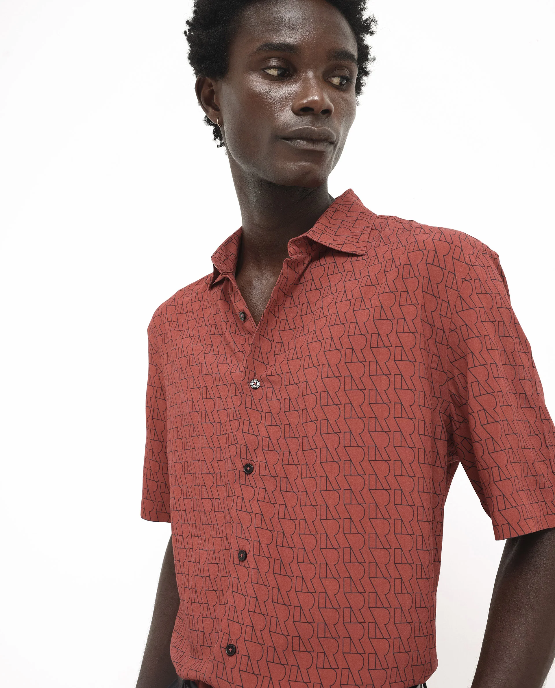 Rare Rabbit Men's Atria Ss Dark Rust Viscose Monogram Print Boxy Fit Half Sleeve Spread Collar Shirt - Image 8